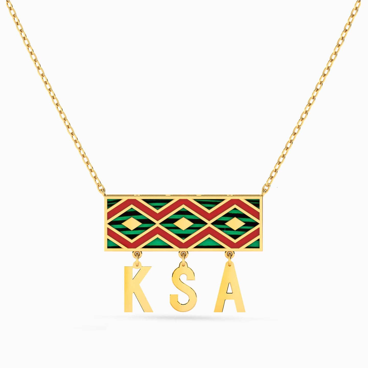 سلسلة ذهب حروف KSA عيار 18 قيراط مزينة بالأحجار الملونة سلسلة ذهب حروف KSA عيار 18 قيراط مزينة بالأحجار الملونة