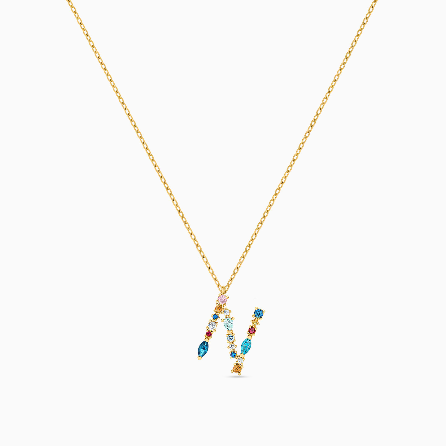 Letter N Colored Stones Necklace in 18K Gold - 3 Letter N Colored Stones Necklace in 18K Gold - 3