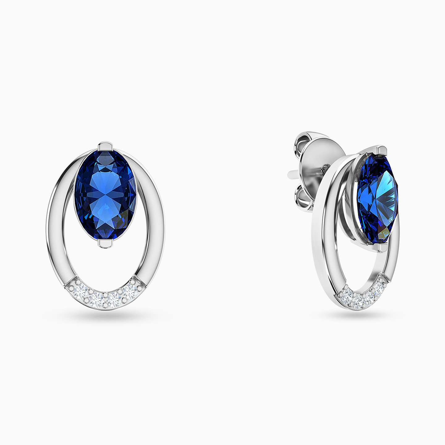Oval Diamond & Blue Stone Stud Earrings in 18K Gold - 2 Oval Diamond & Blue Stone Stud Earrings in 18K Gold - 2