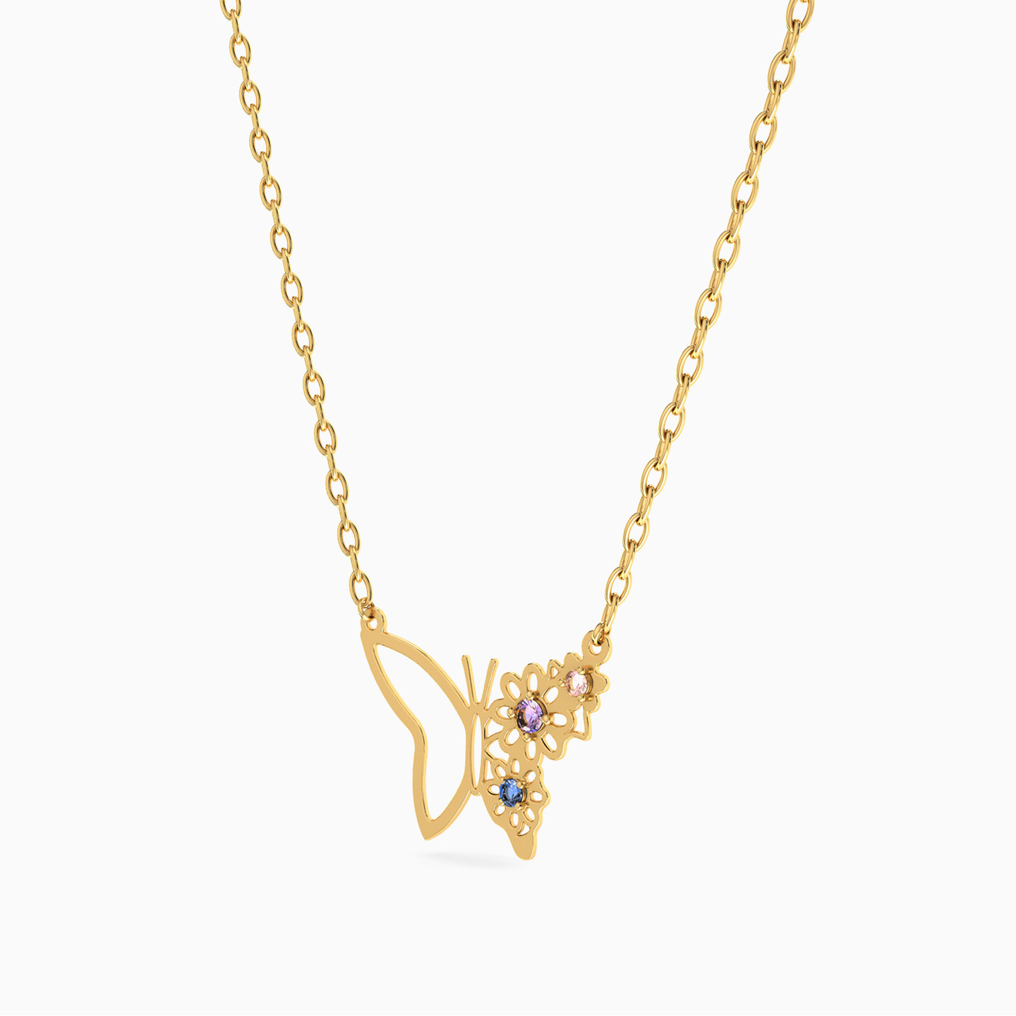 Butterfly Colored Stones Necklace in 18K Gold - 2 Butterfly Colored Stones Necklace in 18K Gold - 2