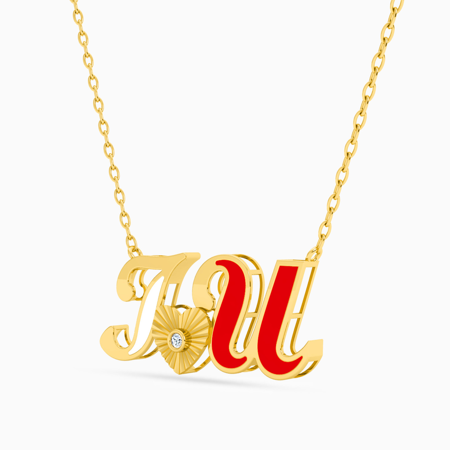 I Love You word Shaped Diamonds & Colored Stones Pendant with 18K Gold Chain - 2