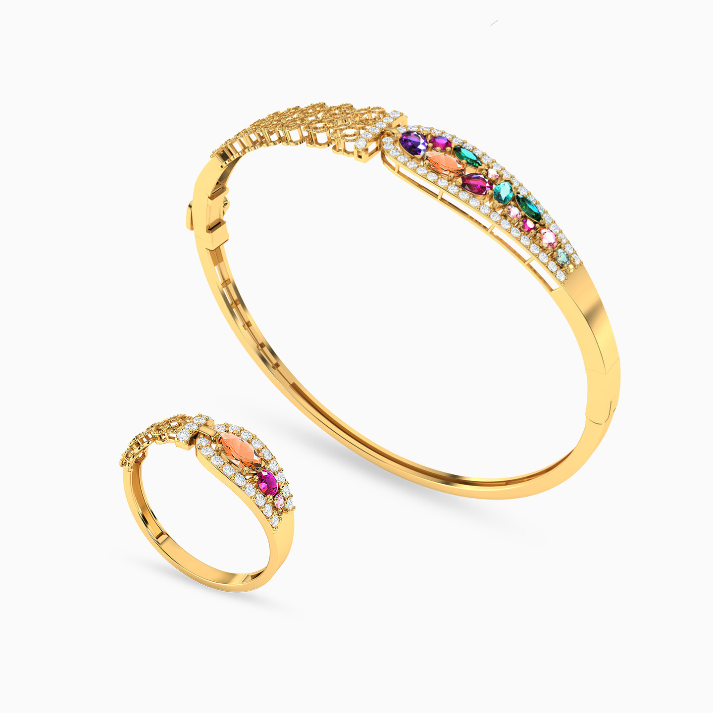 21K Gold Colored Stones Bangle & Ring Jewelry Set - 2 Pieces