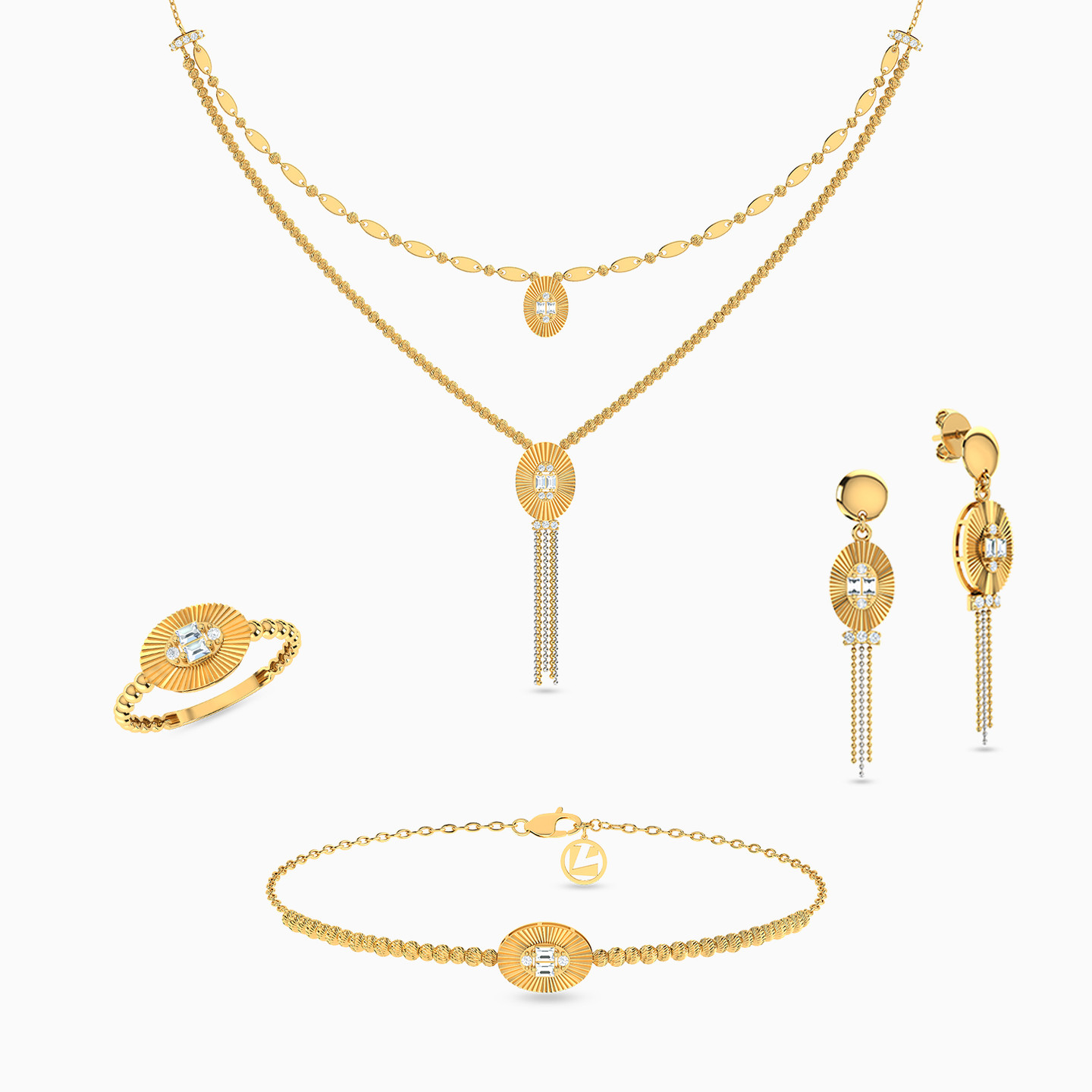 طقم ذهب بيضاوي عيار 21 قيراط مزين بأحجار الزركون (4 قطع) طقم ذهب بيضاوي عيار 21 قيراط مزين بأحجار الزركون (4 قطع)