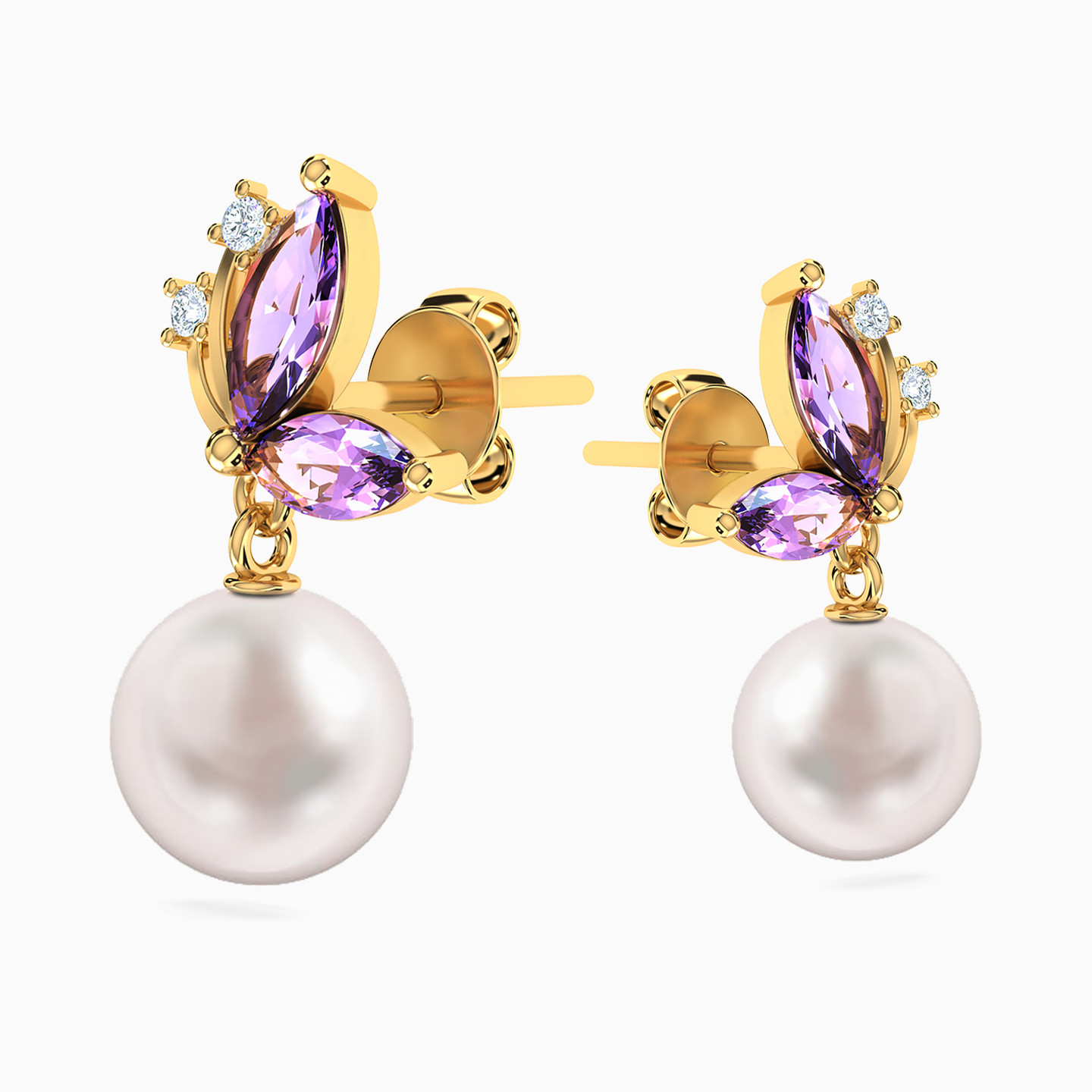 18K Gold Pearls & Colored Stones Drop Earrings - 3