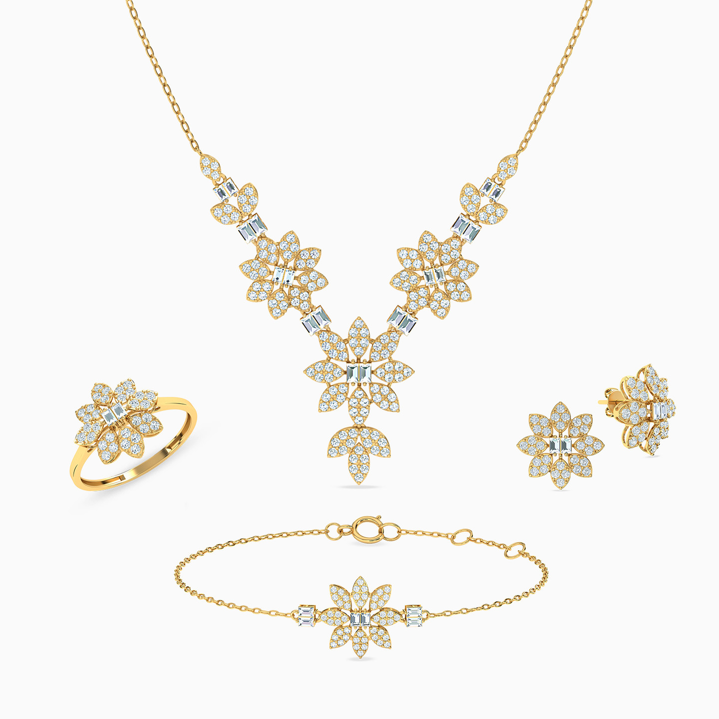 طقم كامل ذهب زهرة عيار 18 قيراط مزين بأحجار الزركون (4 قطع)  