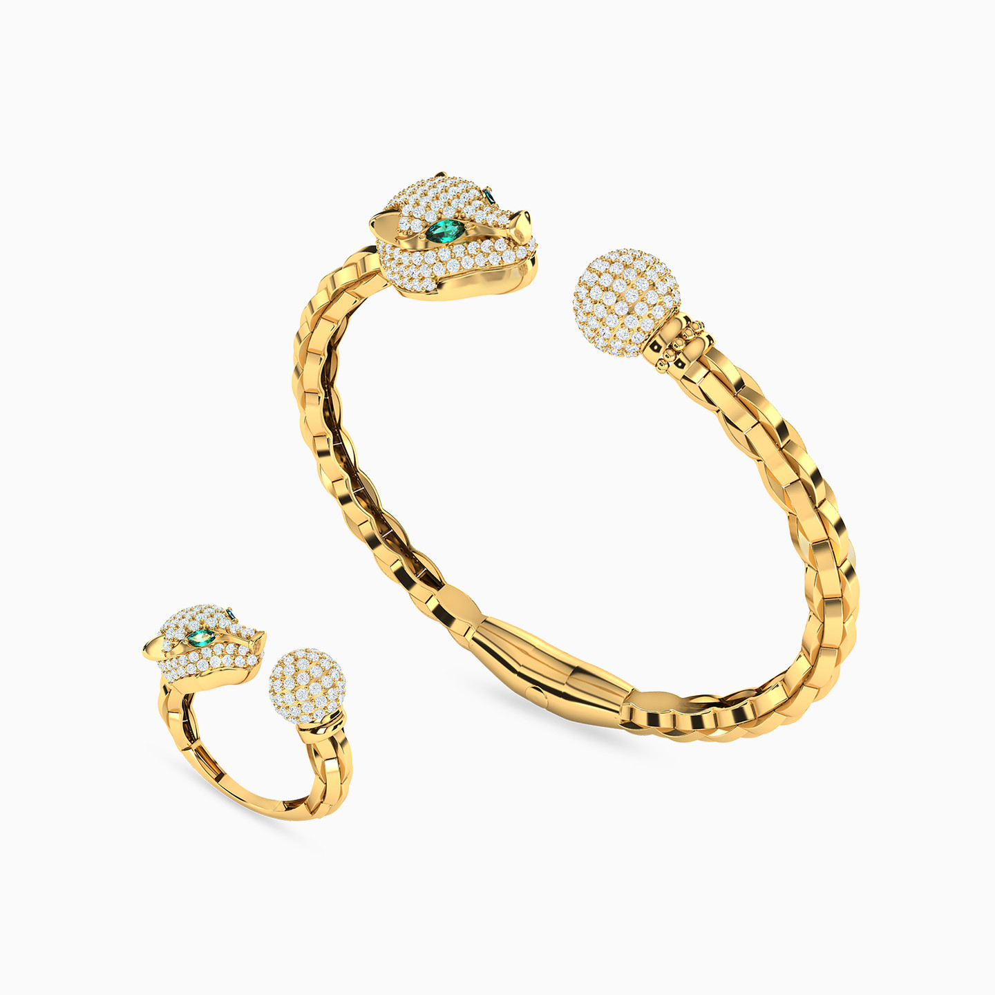 18K Gold Colored Stones Bangle & Ring Jewelry Set - 2 Pieces