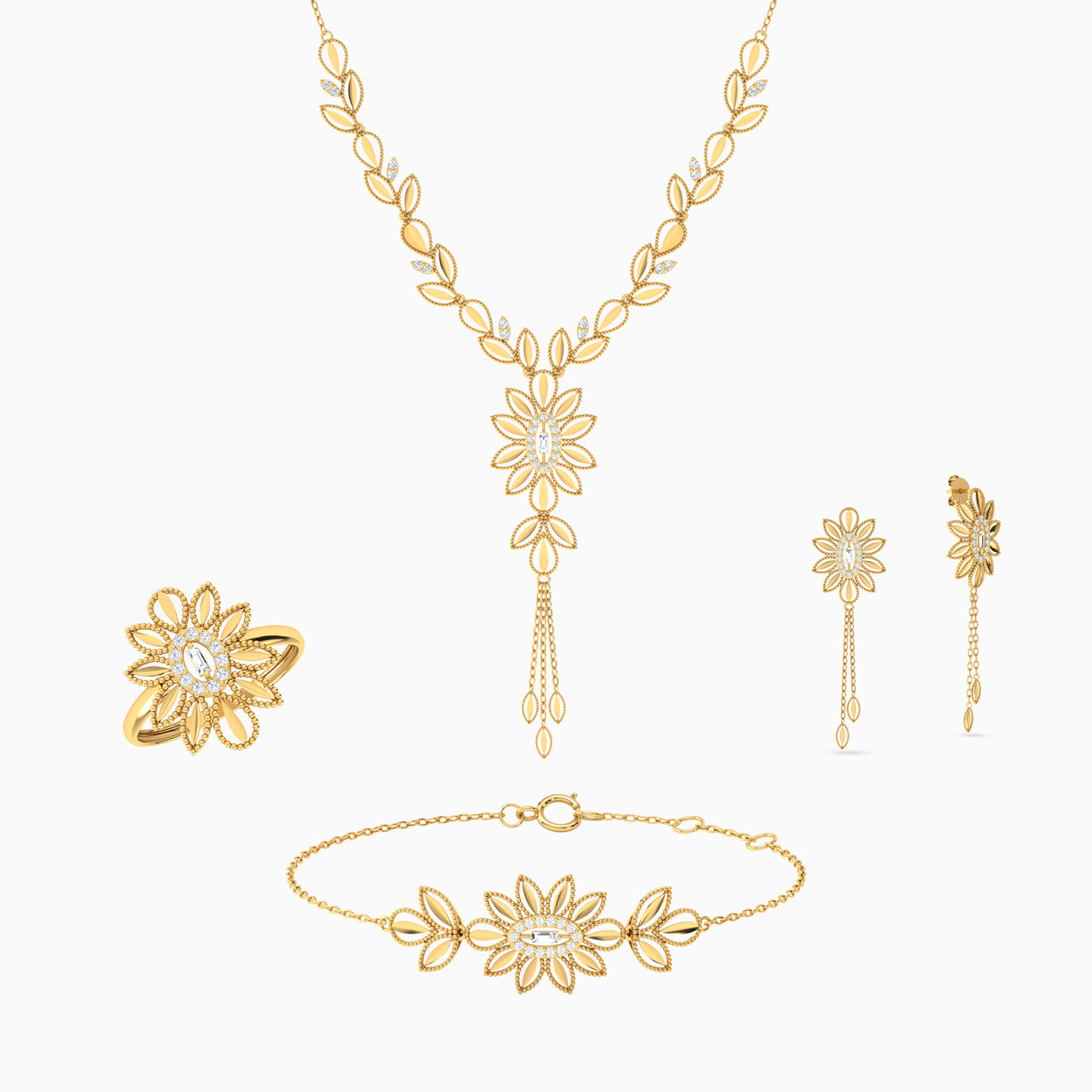 Flower Cubic Zirconia Full Set in 21K Gold - 4 pieces