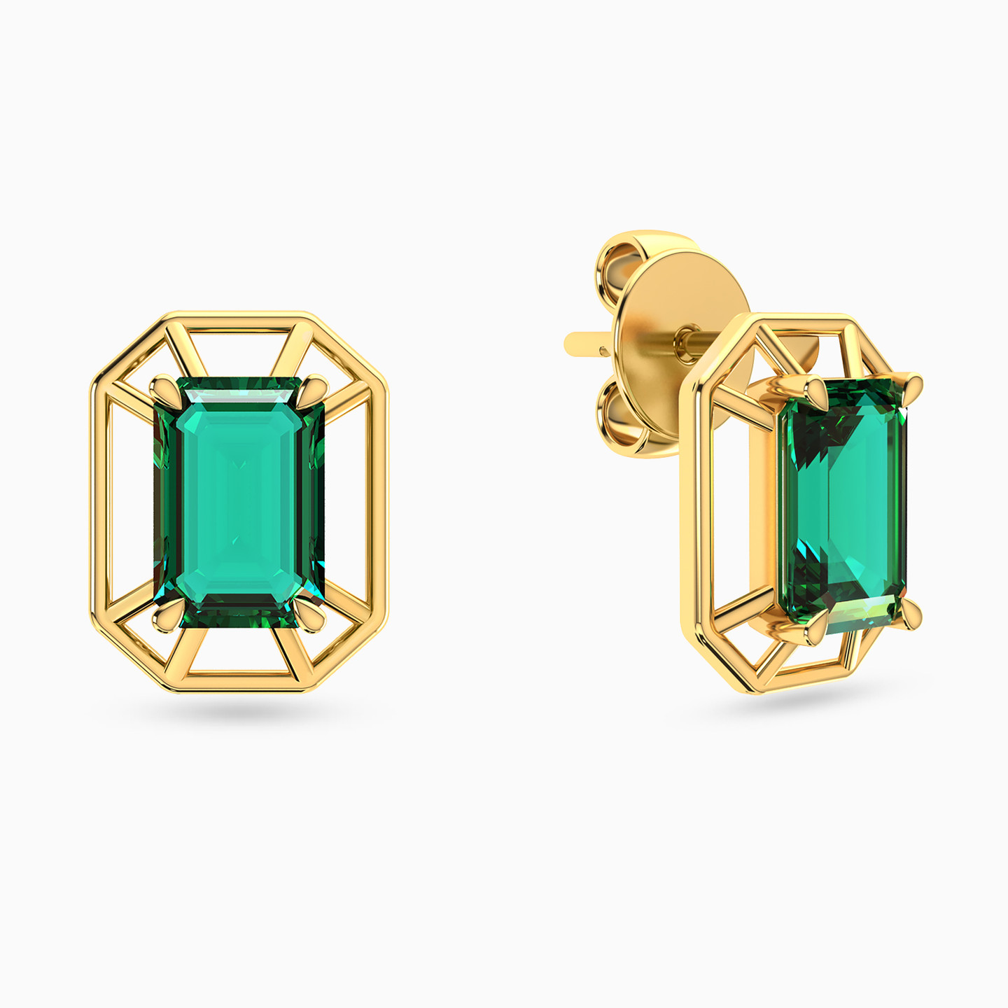Octagon Green Stones Stud Earrings in 18K Gold - 2 Octagon Green Stones Stud Earrings in 18K Gold - 2