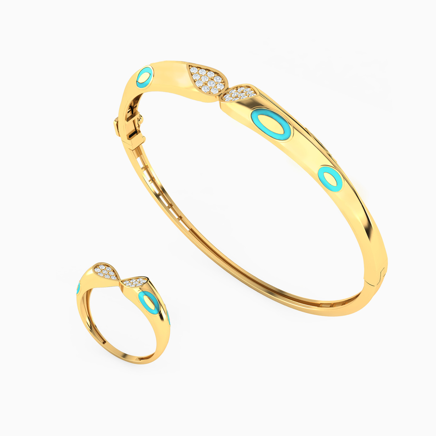 18K Gold Cubic Zirconia & Enamel Coated Bangle & Ring Jewelry Set - 2 Pieces