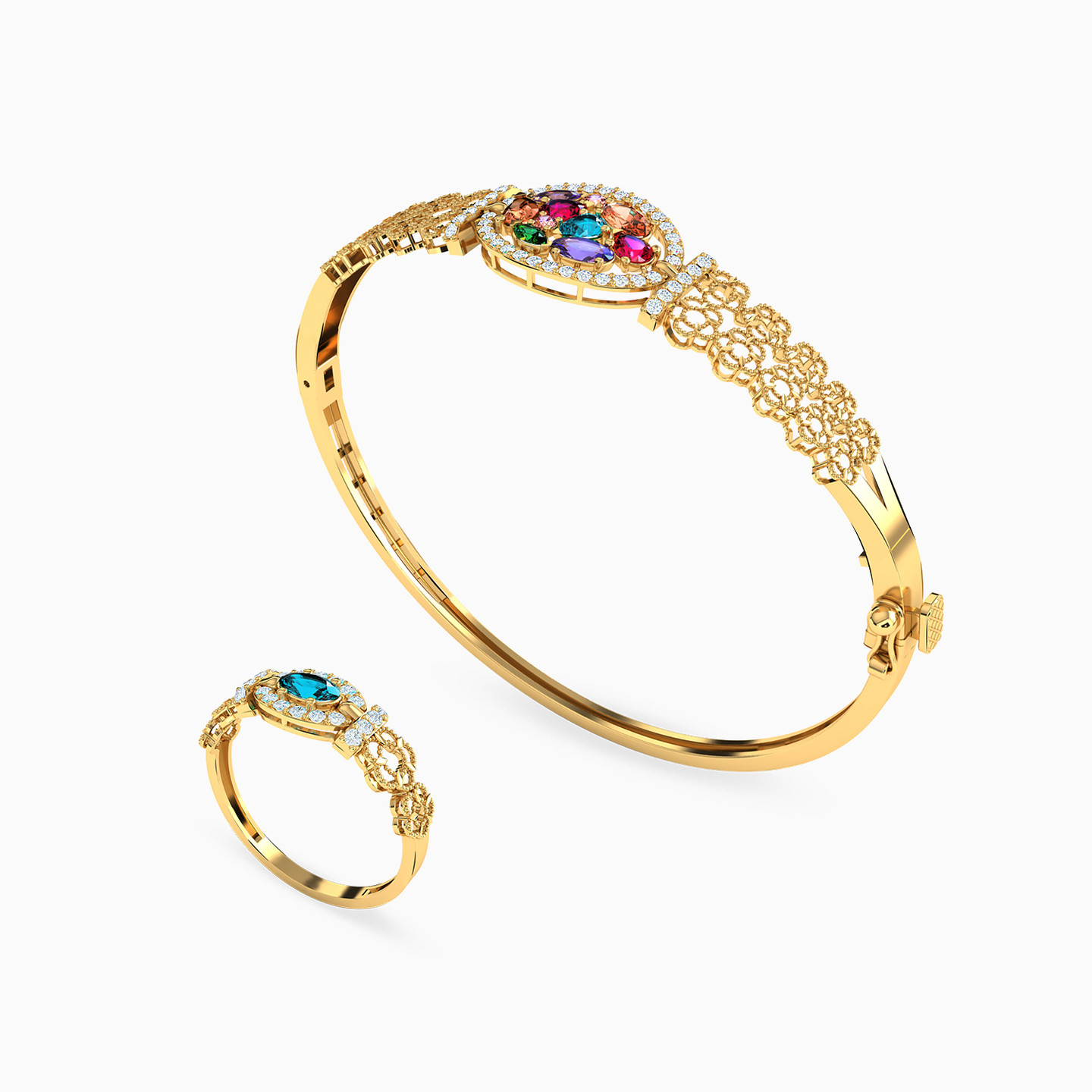 21K Gold Colored Stones Bangle & Ring Jewelry Set - 2 Pieces