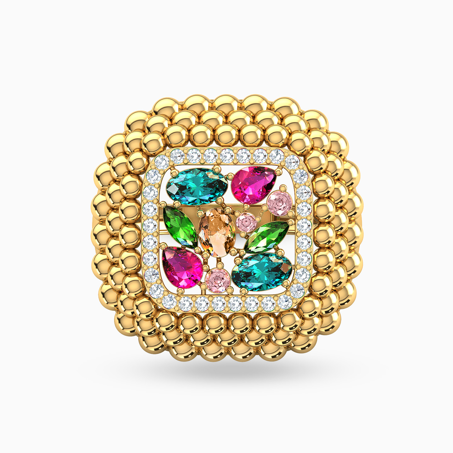 Square Colored Stones Ring in 18K Gold - 3