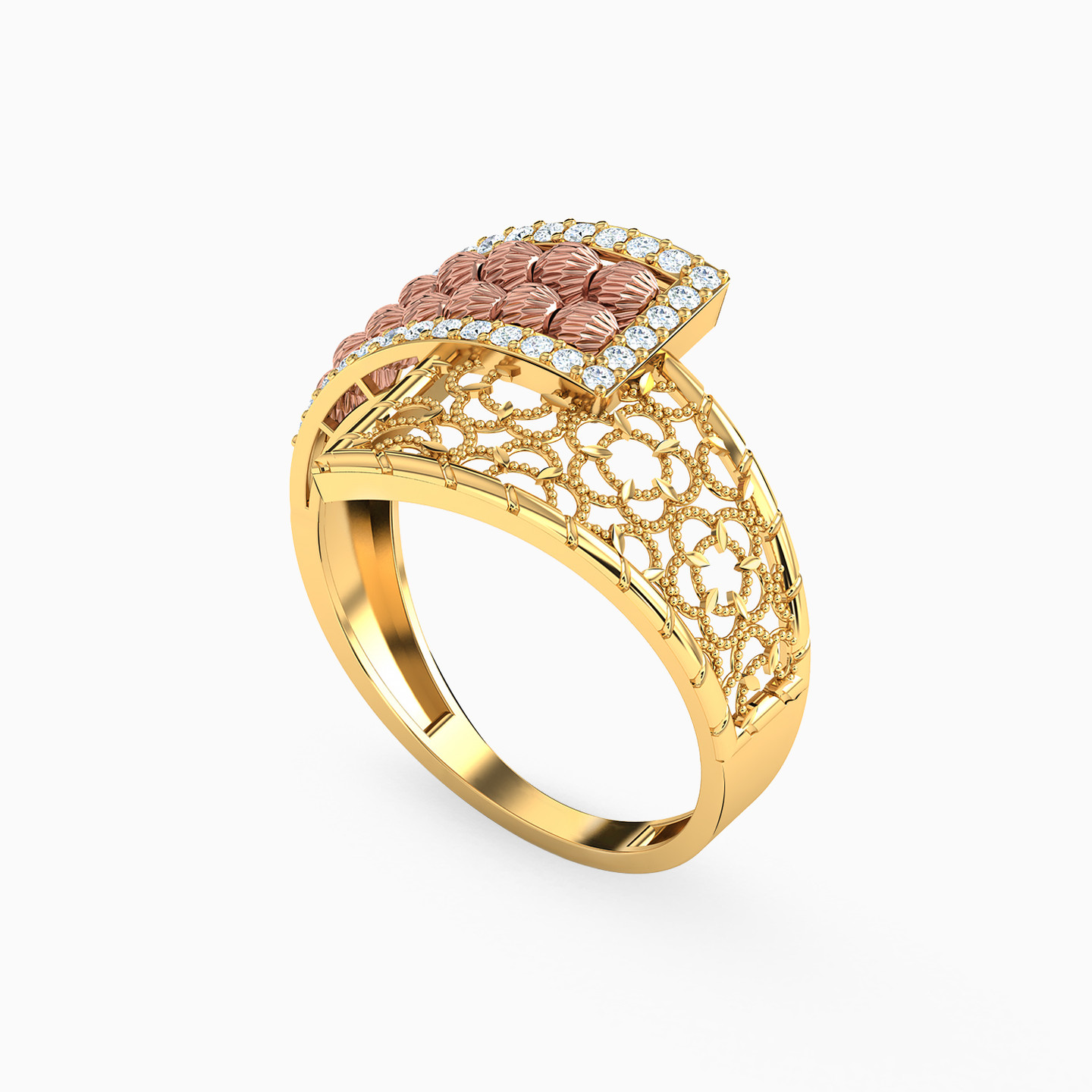 Rectangular Beaded Cubic Zirconia Ring in 21K Gold - 2 Rectangular Beaded Cubic Zirconia Ring in 21K Gold - 2