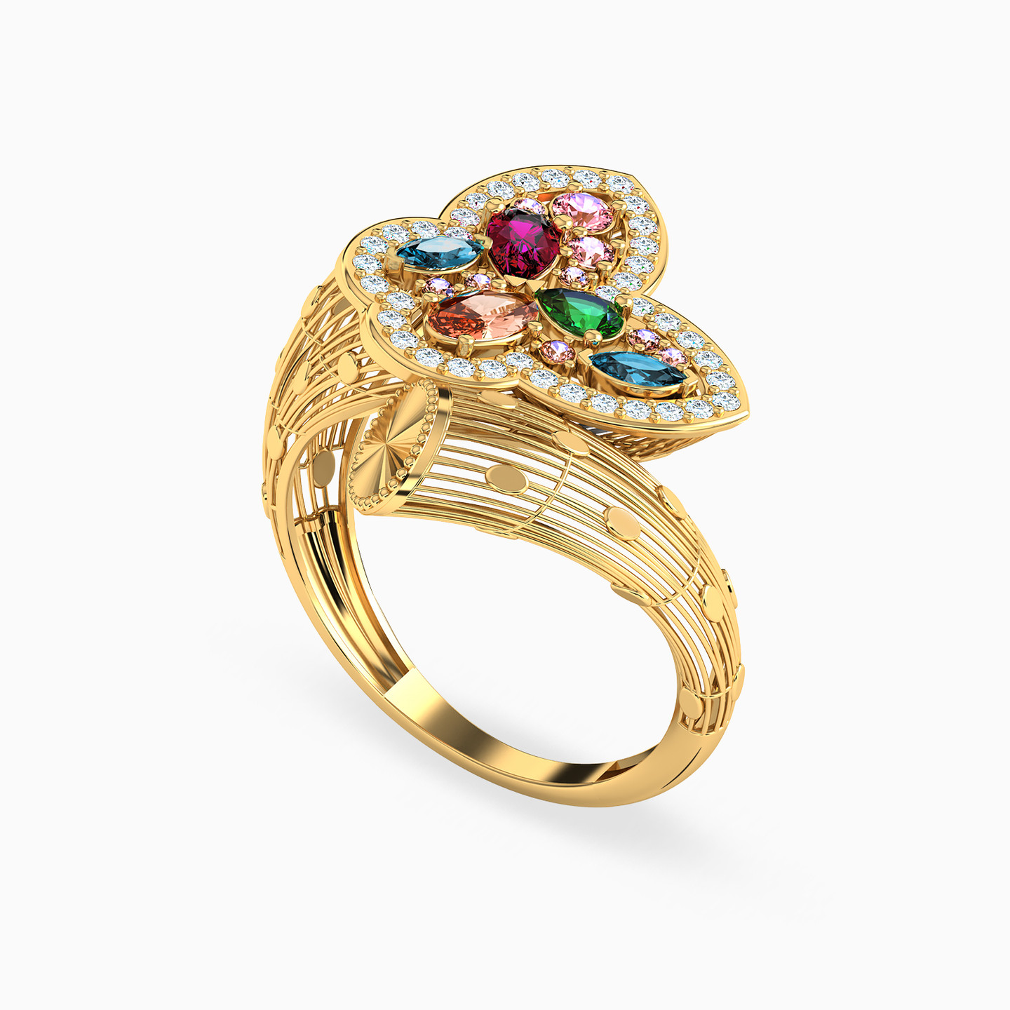 Butterfly Colored Stones Ring in 21K Gold - 2