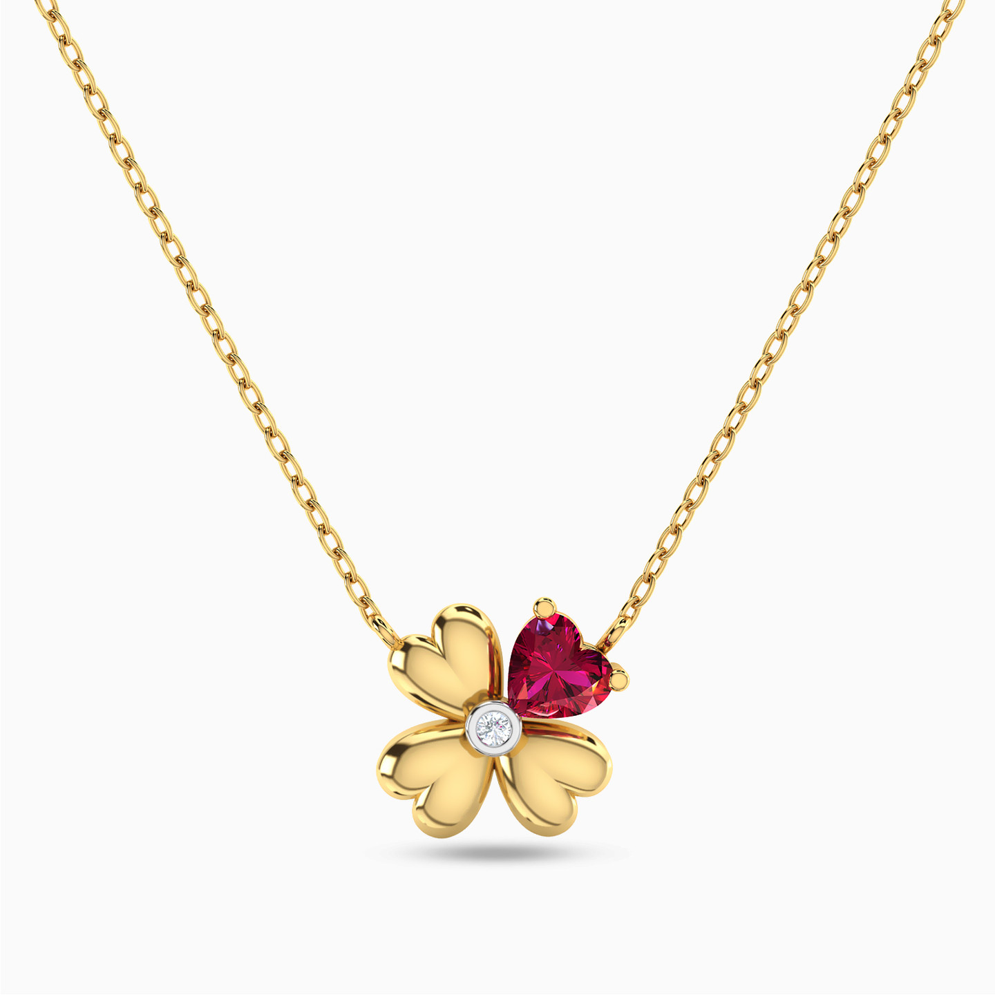 Four Petal Flower Diamonds & Red Stone Necklace in 18K Gold Four Petal Flower Diamonds & Red Stone Necklace in 18K Gold
