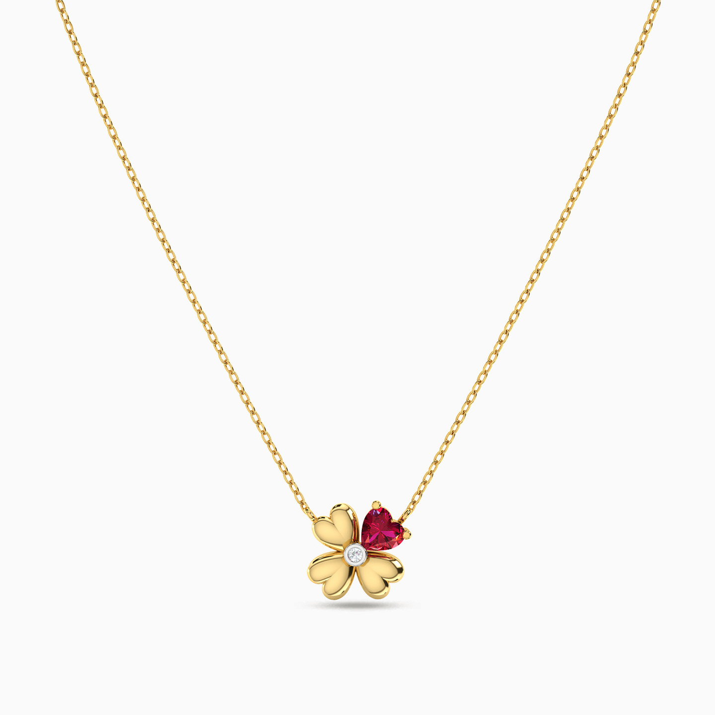 Four Petal Flower Diamonds & Red Stone Necklace in 18K Gold - 3 Four Petal Flower Diamonds & Red Stone Necklace in 18K Gold - 3