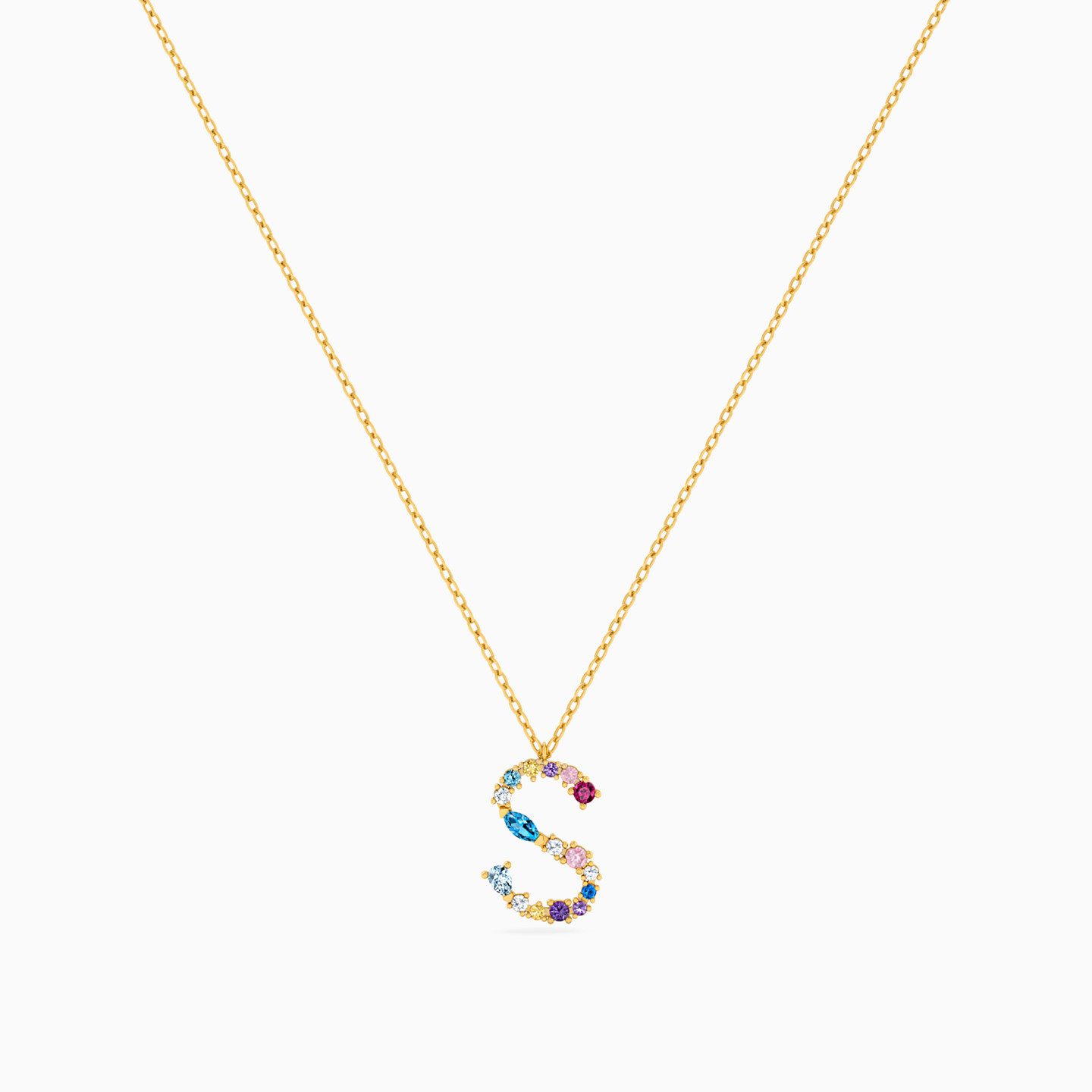 Letter S Shaped Colored Stones Pendant with 18K Gold Chain - 3