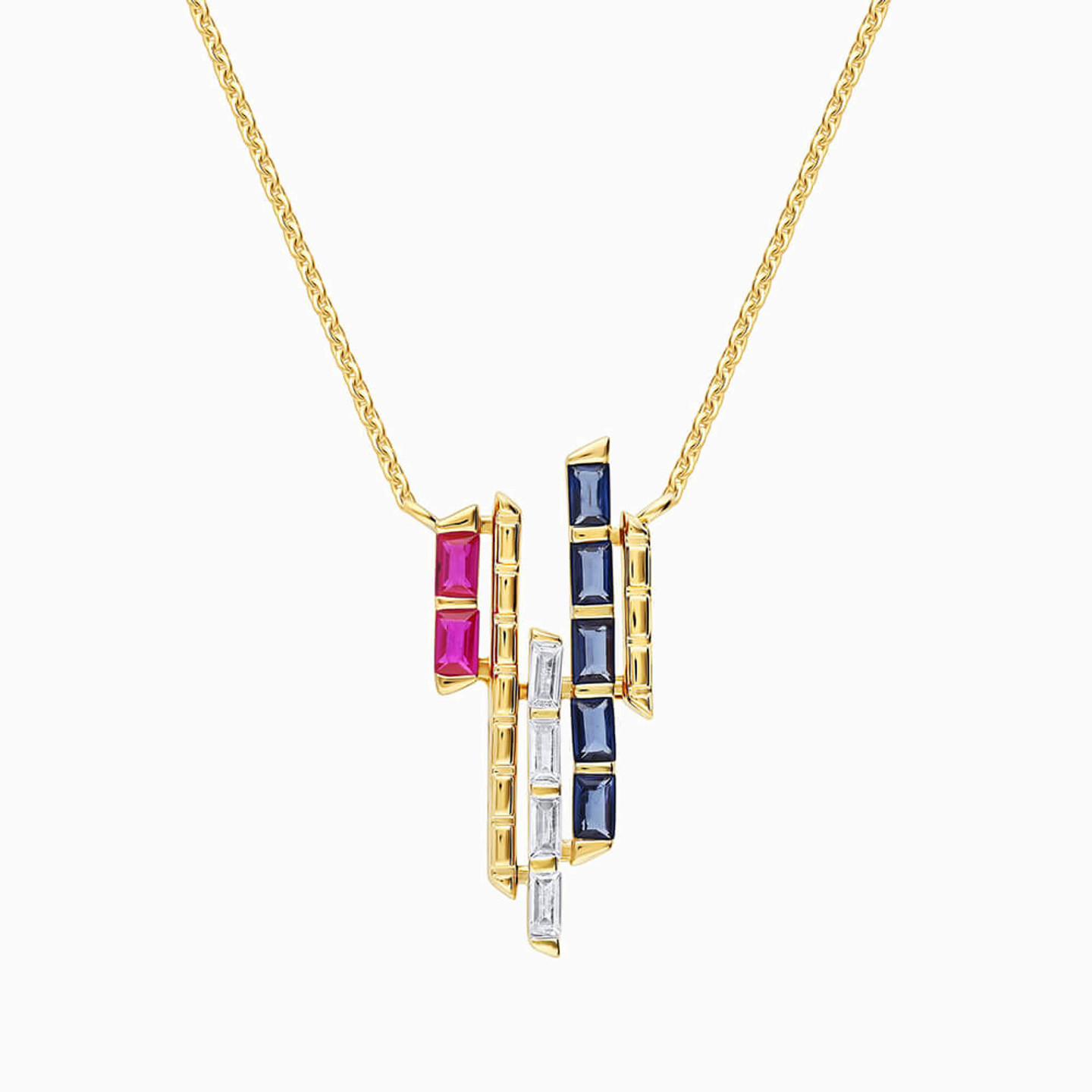 Multi-shaped Colored Stones Pendant with 18K Gold Chain