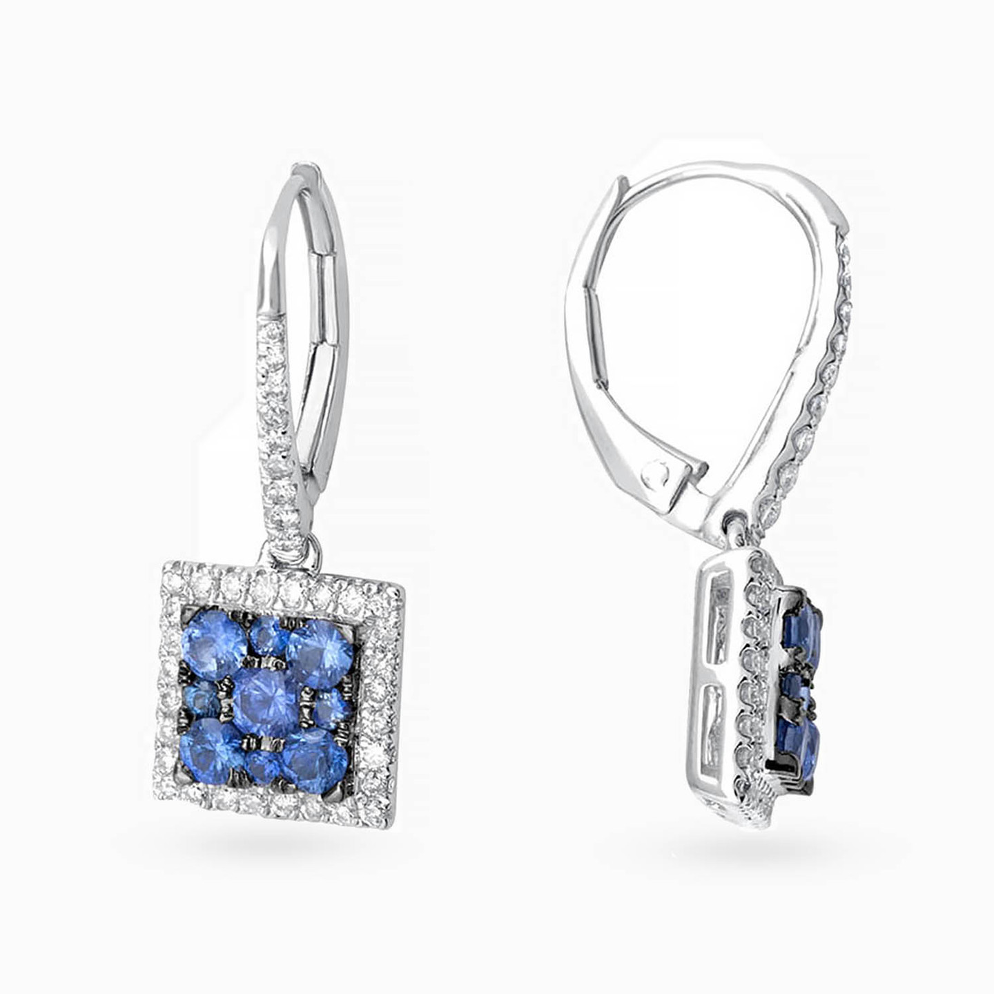 Square Diamond & Colored Stones Drop Earrings in 18K Gold - 2 Square Diamond & Colored Stones Drop Earrings in 18K Gold - 2