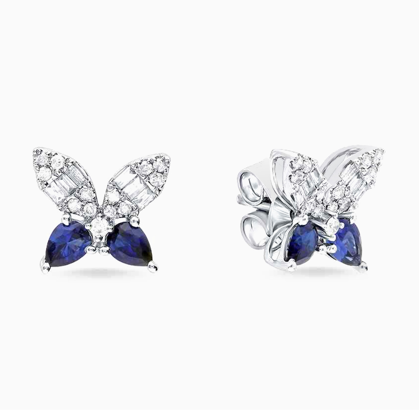 Butterfly Diamond & Blue Stone Stud Earrings in 18K Gold - 2 Butterfly Diamond & Blue Stone Stud Earrings in 18K Gold - 2