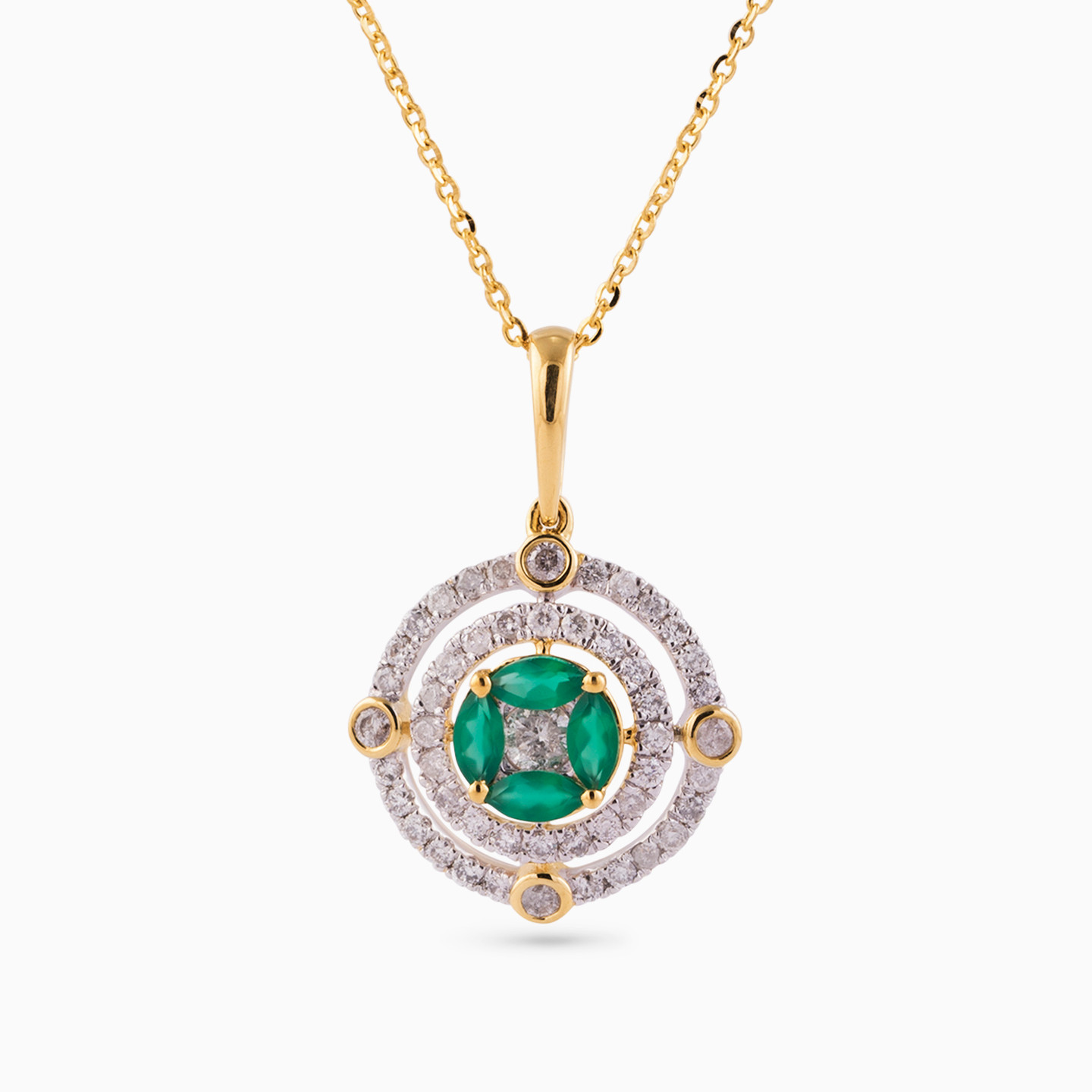 Circle Diamond & Green Stones Necklace in 18K Gold - 3 Circle Diamond & Green Stones Necklace in 18K Gold - 3