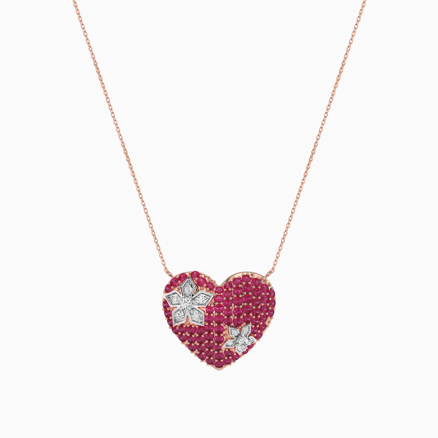 Heart & Flowers Diamond & Pink Stones Necklace in 18K Gold - 3 Heart & Flowers Diamond & Pink Stones Necklace in 18K Gold - 3