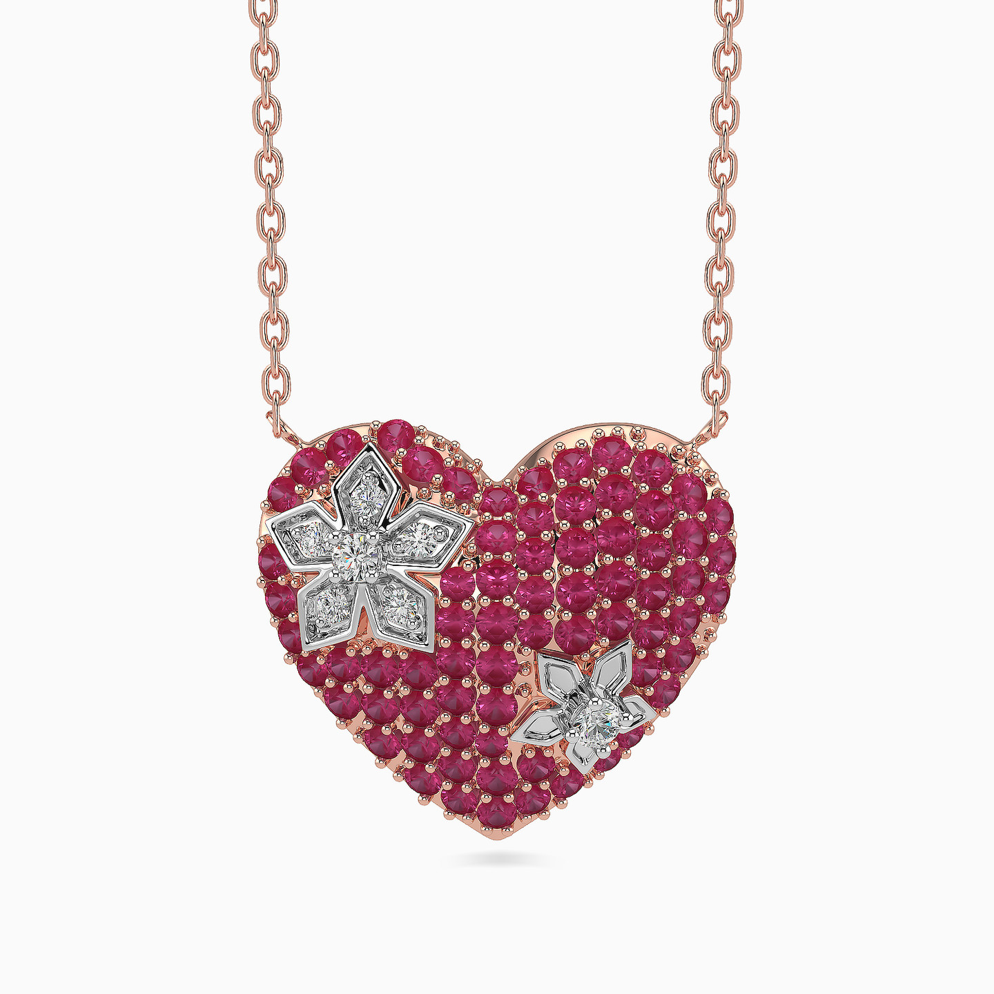 Heart & Flowers Diamond & Pink Stones Necklace in 18K Gold Heart & Flowers Diamond & Pink Stones Necklace in 18K Gold
