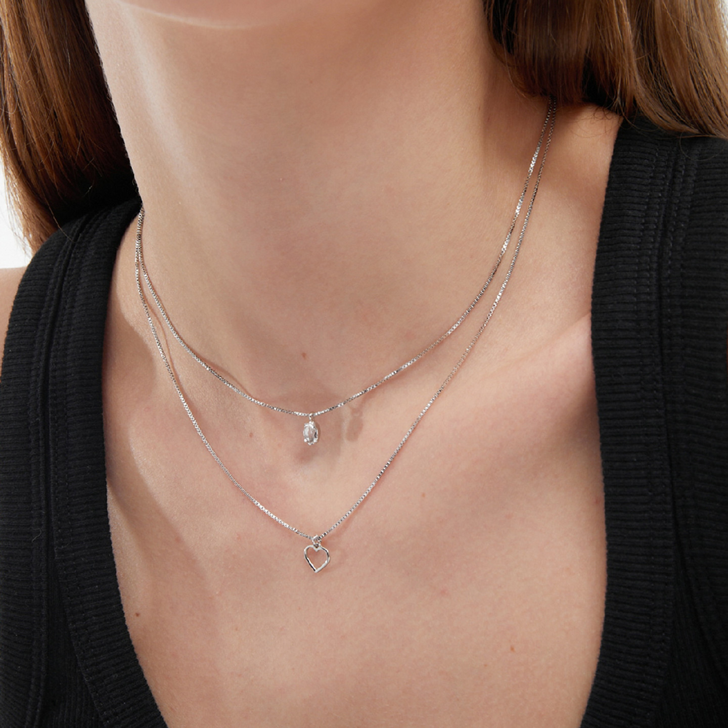 Heart Clear Stone Sterling Silver Layered Necklace - 2 Heart Clear Stone Sterling Silver Layered Necklace - 2