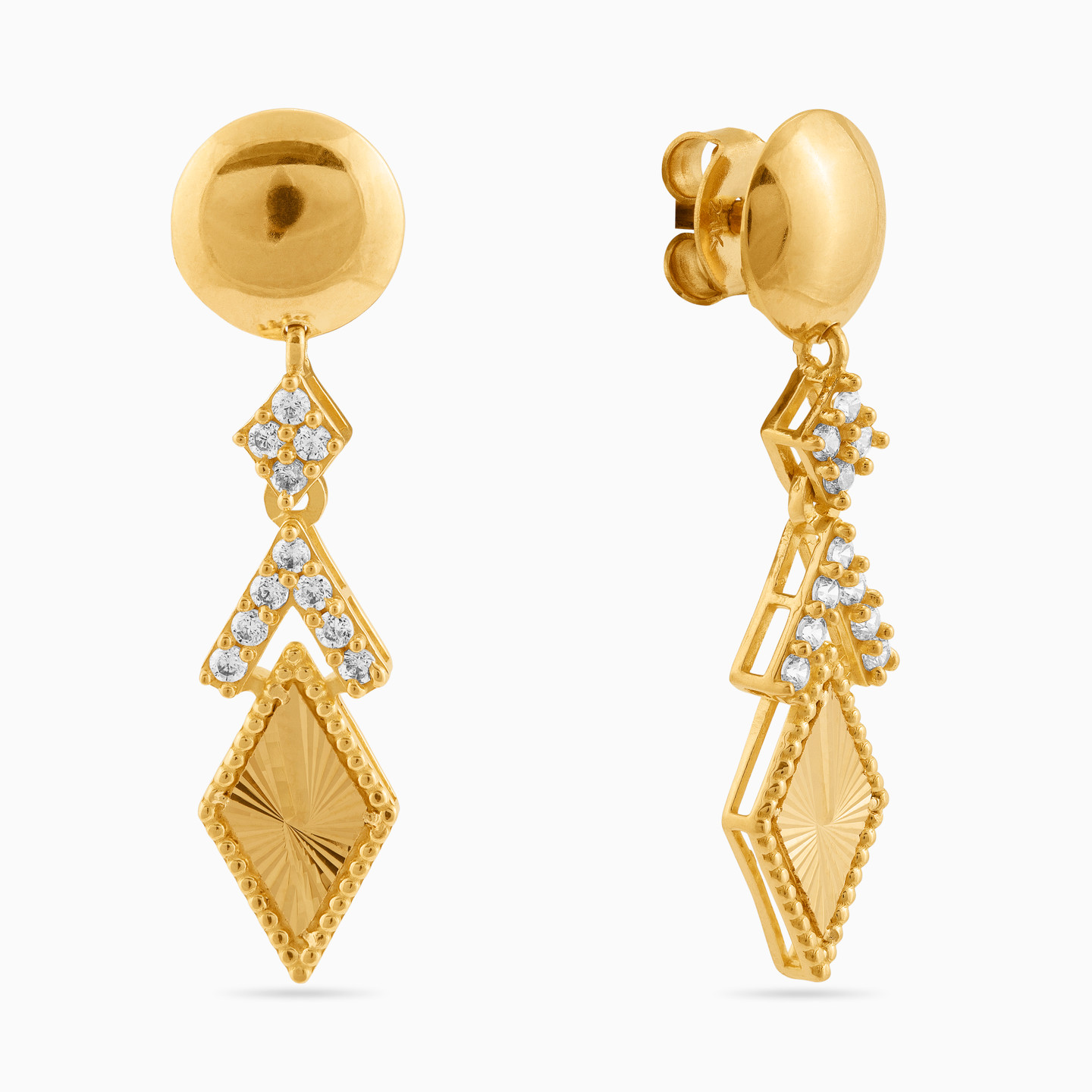 Rhombus Cubic Zirconia Drop Earrings in 21K Gold - 2