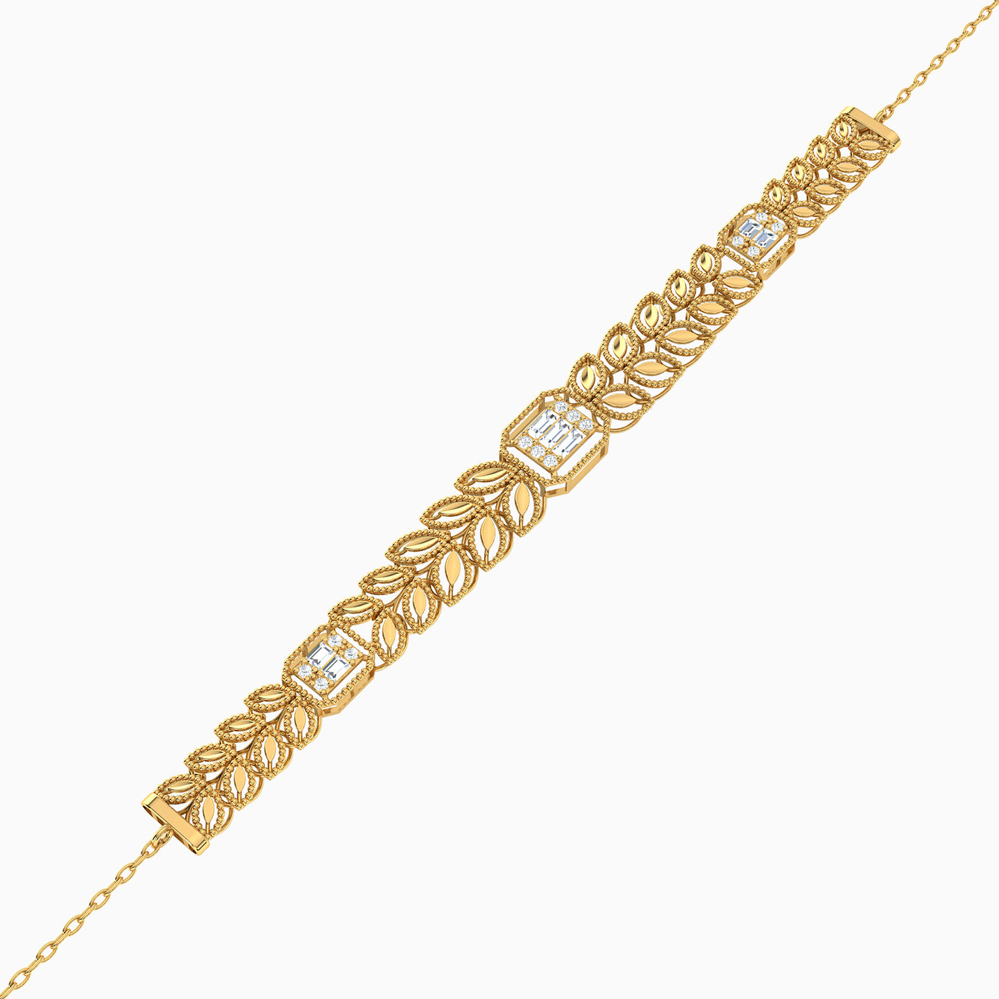 Leaf Cubic Zirconia Chain Bracelet in 21K Gold - 3 Leaf Cubic Zirconia Chain Bracelet in 21K Gold - 3