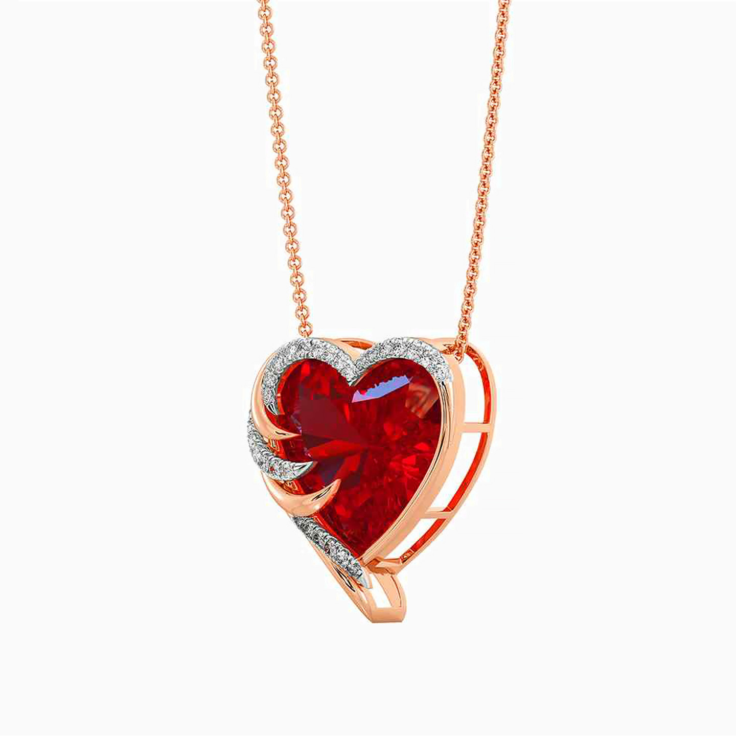 Heart Diamond & Red Stone Necklace in 18K Gold - 2 Heart Diamond & Red Stone Necklace in 18K Gold - 2