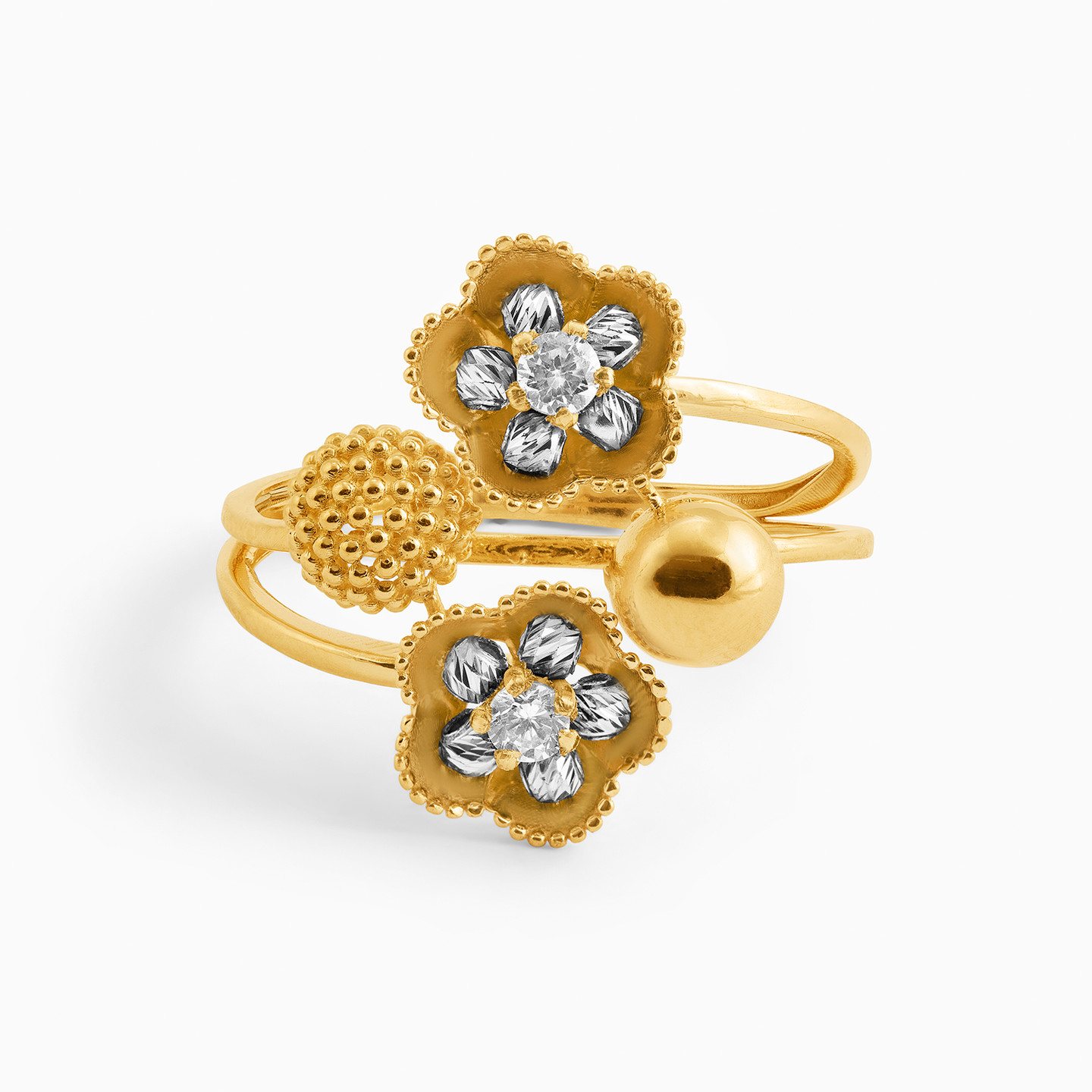 خاتم برأس مزدوجة ذهب زهرة عيار 21 قيراط مزين بأحجار الزركون خاتم برأس مزدوجة ذهب زهرة عيار 21 قيراط مزين بأحجار الزركون