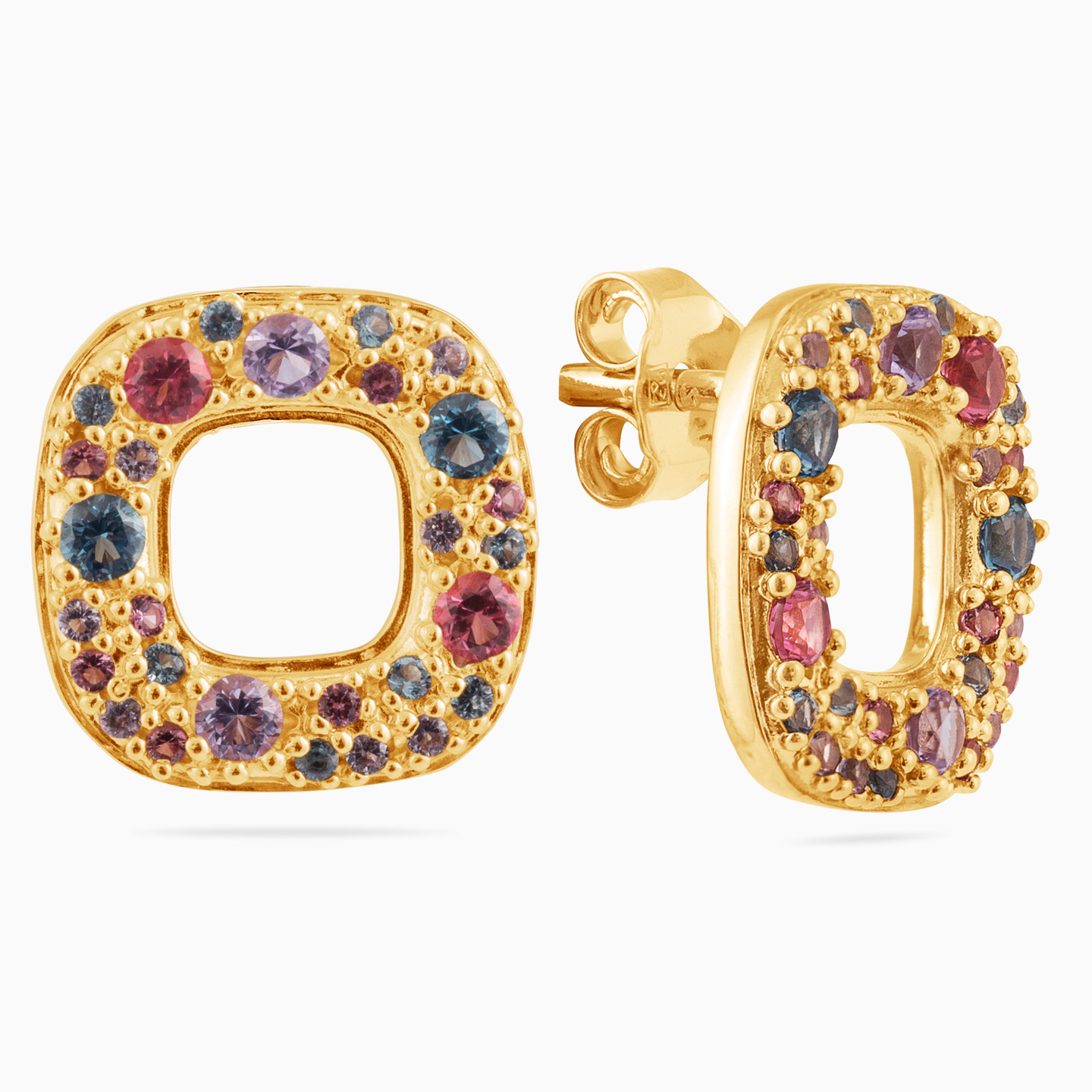 Gold Plated Colored Stones Stud Earrings - 2