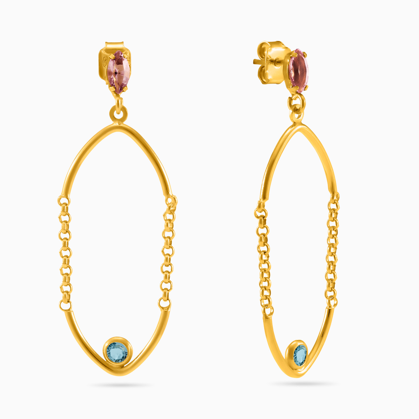 Gold Plated Colored Stones Drop Earrings - 2