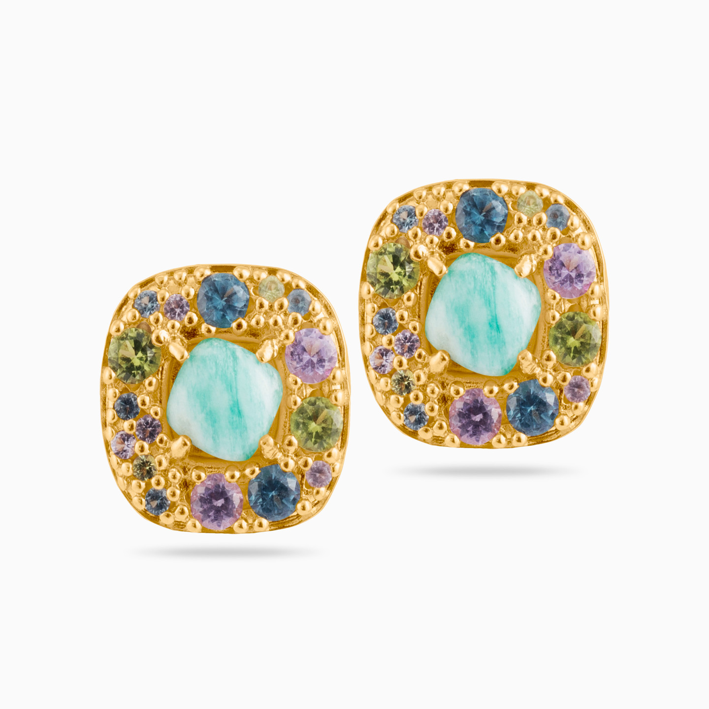 Gold Plated Colored Stones Stud Earrings - 2