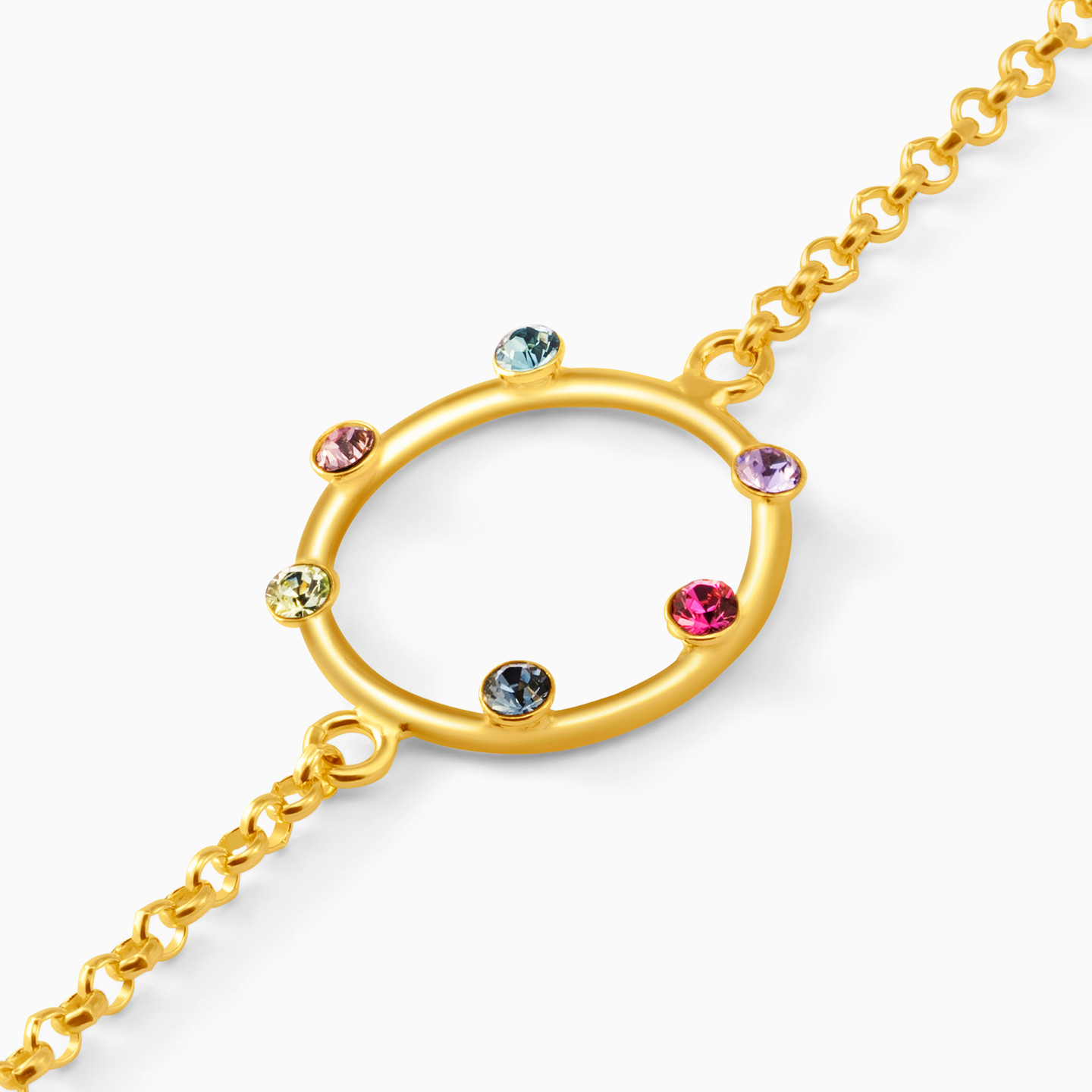 Circle Colored Stones Gold Plated Chain Bracelet - 3