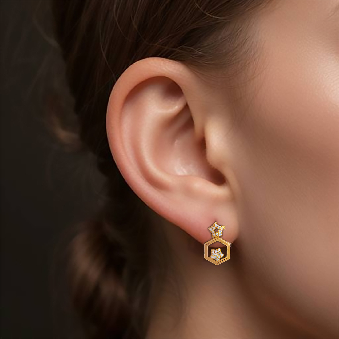 Hexagon Cubic Zirconia Drop Earrings in 21K Gold - 4