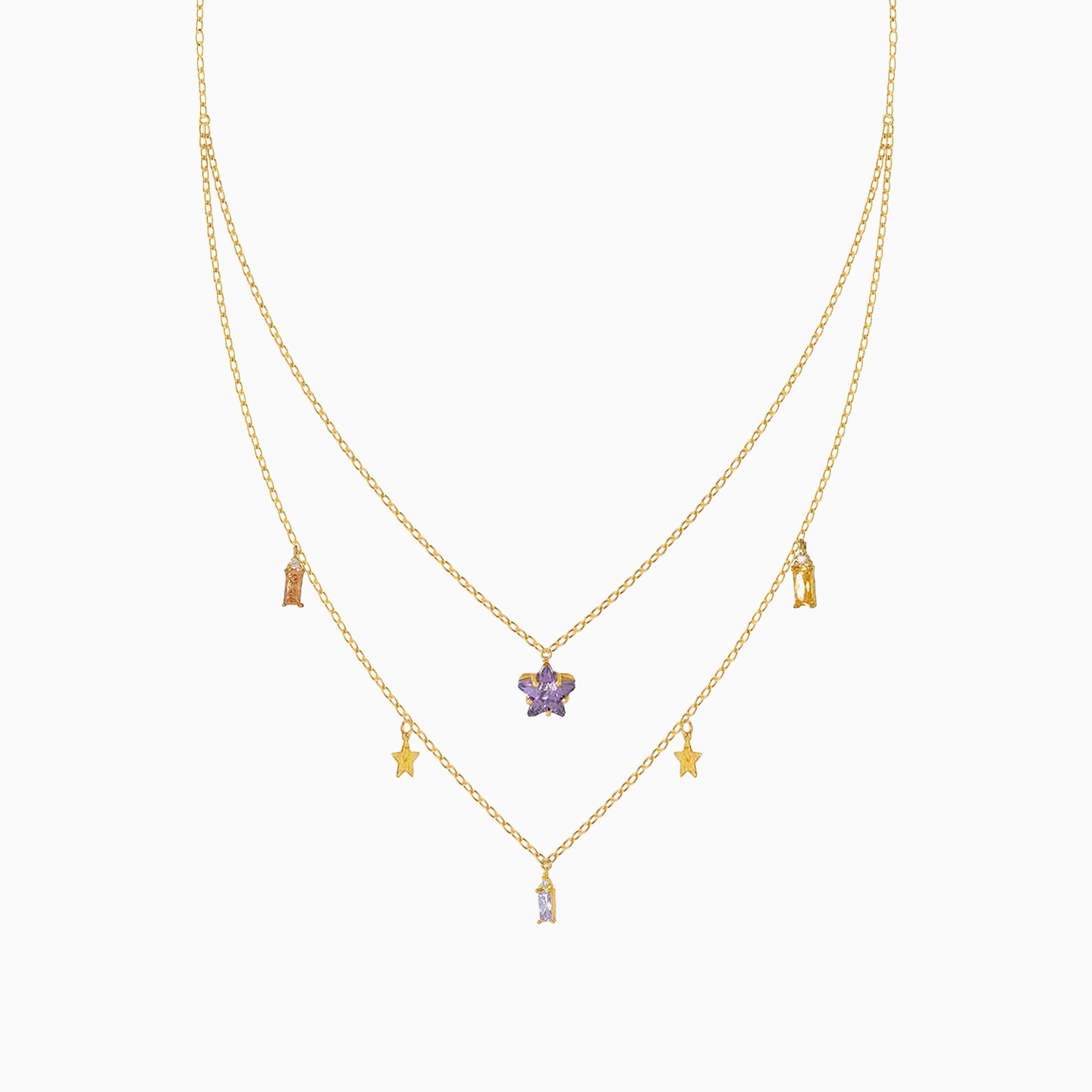 Star Colored Stones Layered Necklace in 18K Gold - 2 Star Colored Stones Layered Necklace in 18K Gold - 2