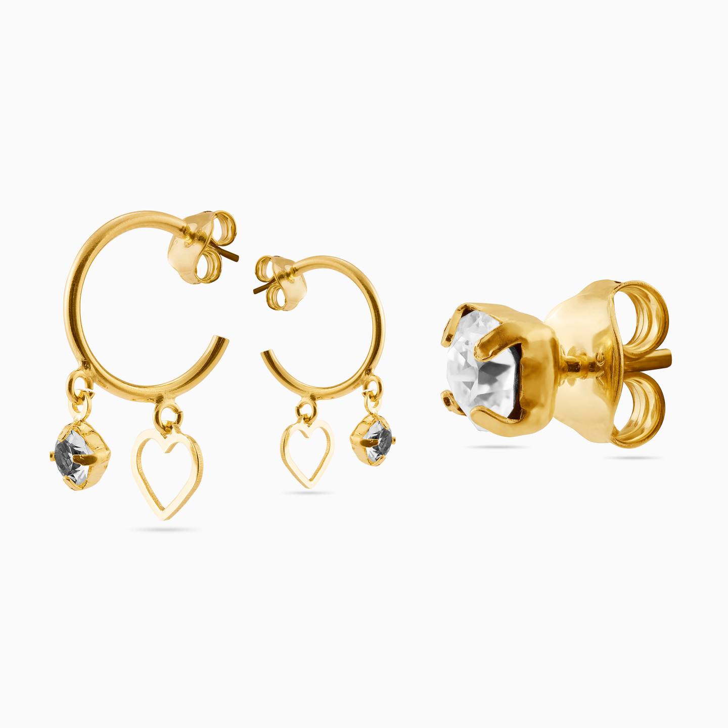 Heart Clear Stone Gold Plated Hoop Earrings - 3 Heart Clear Stone Gold Plated Hoop Earrings - 3