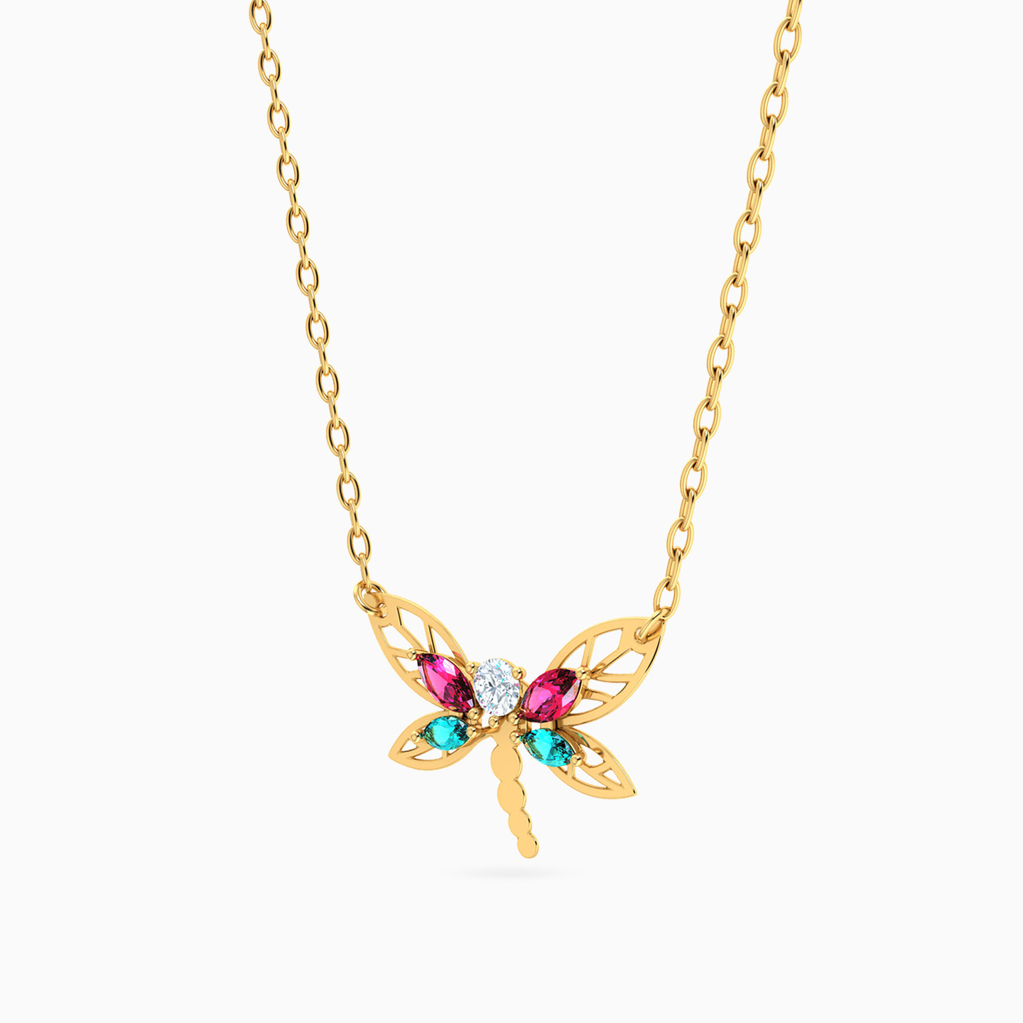 Dragonfly Colored Stones Necklace in 18K Gold - 2 Dragonfly Colored Stones Necklace in 18K Gold - 2