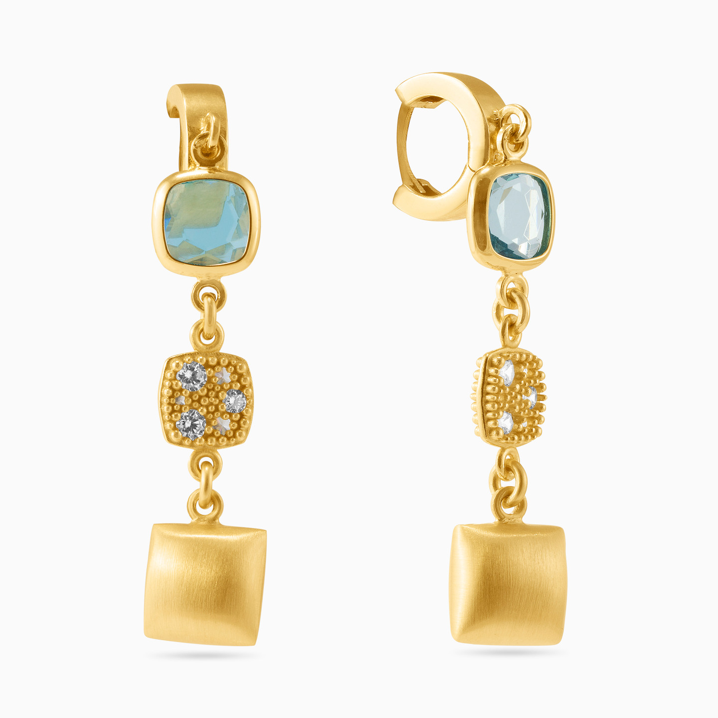 Gold Plated Colored Stones Drop Earrings - 2