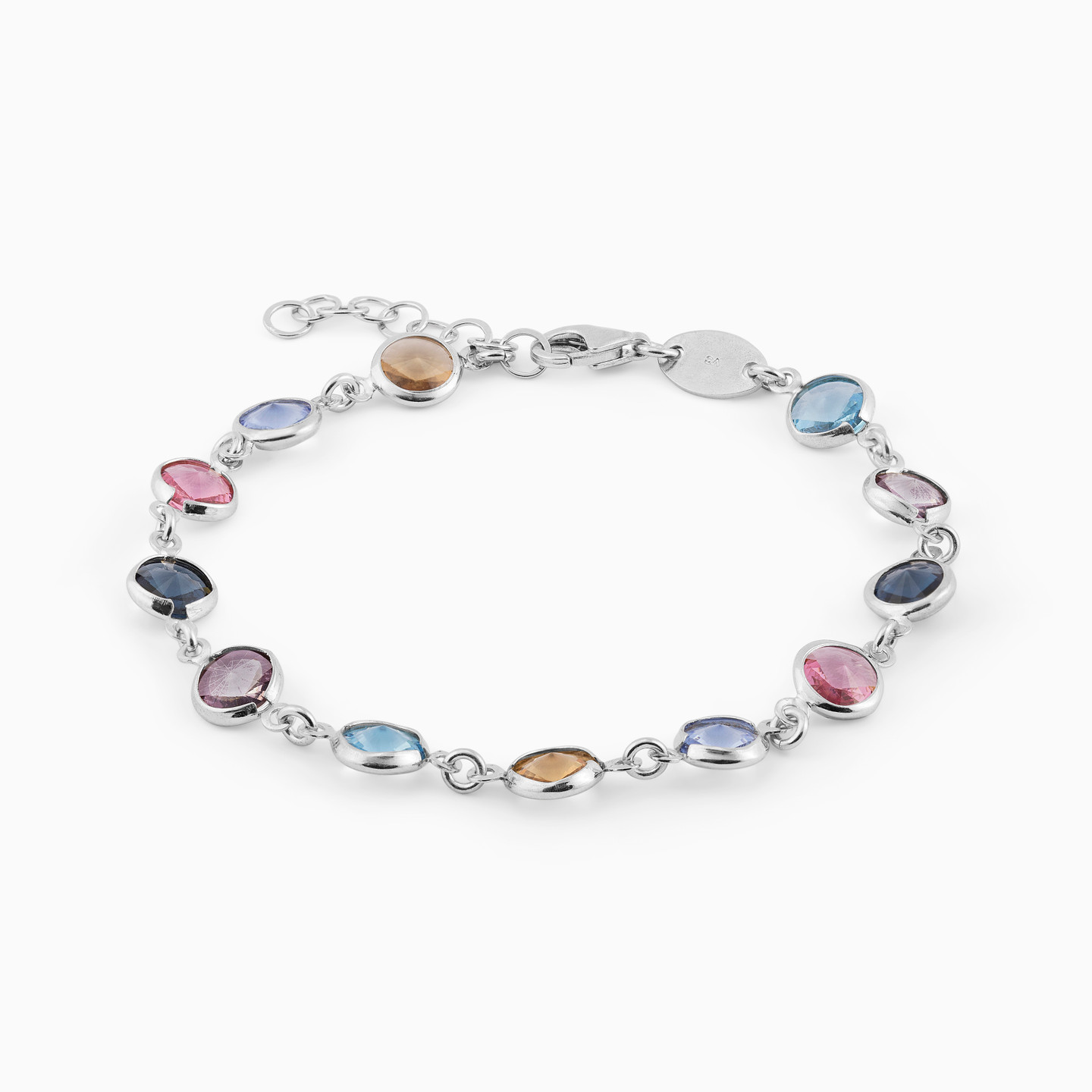 Circle Colored Stones Sterling Silver Chain Bracelet