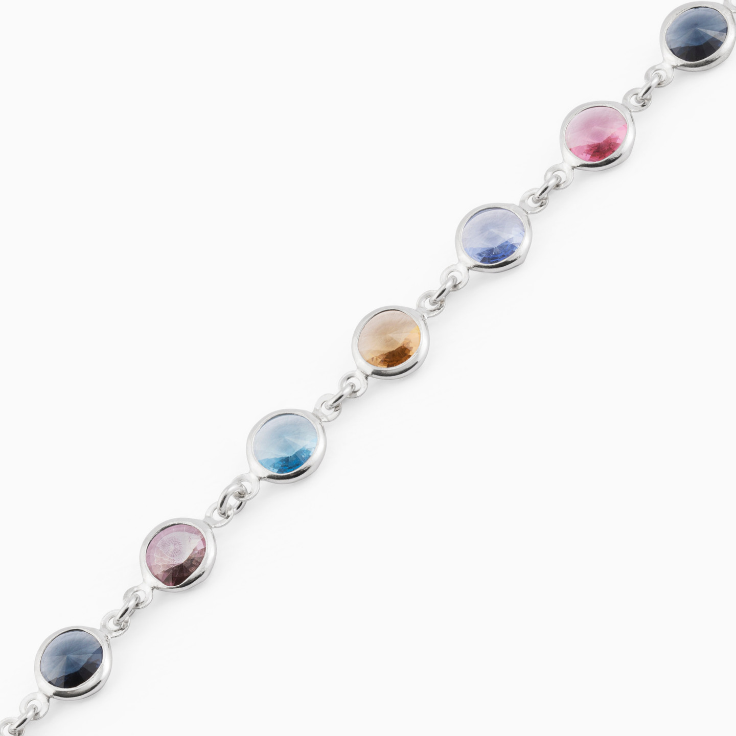Circle Colored Stones Sterling Silver Chain Bracelet - 3