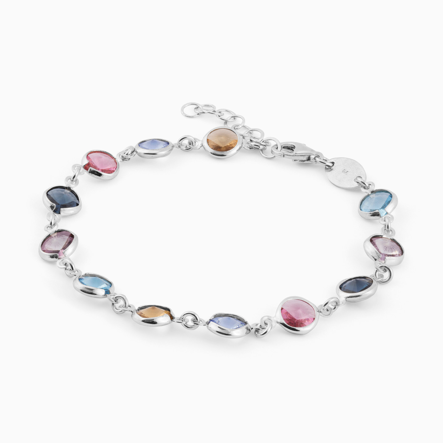Circle Colored Stones Sterling Silver Chain Bracelet - 2