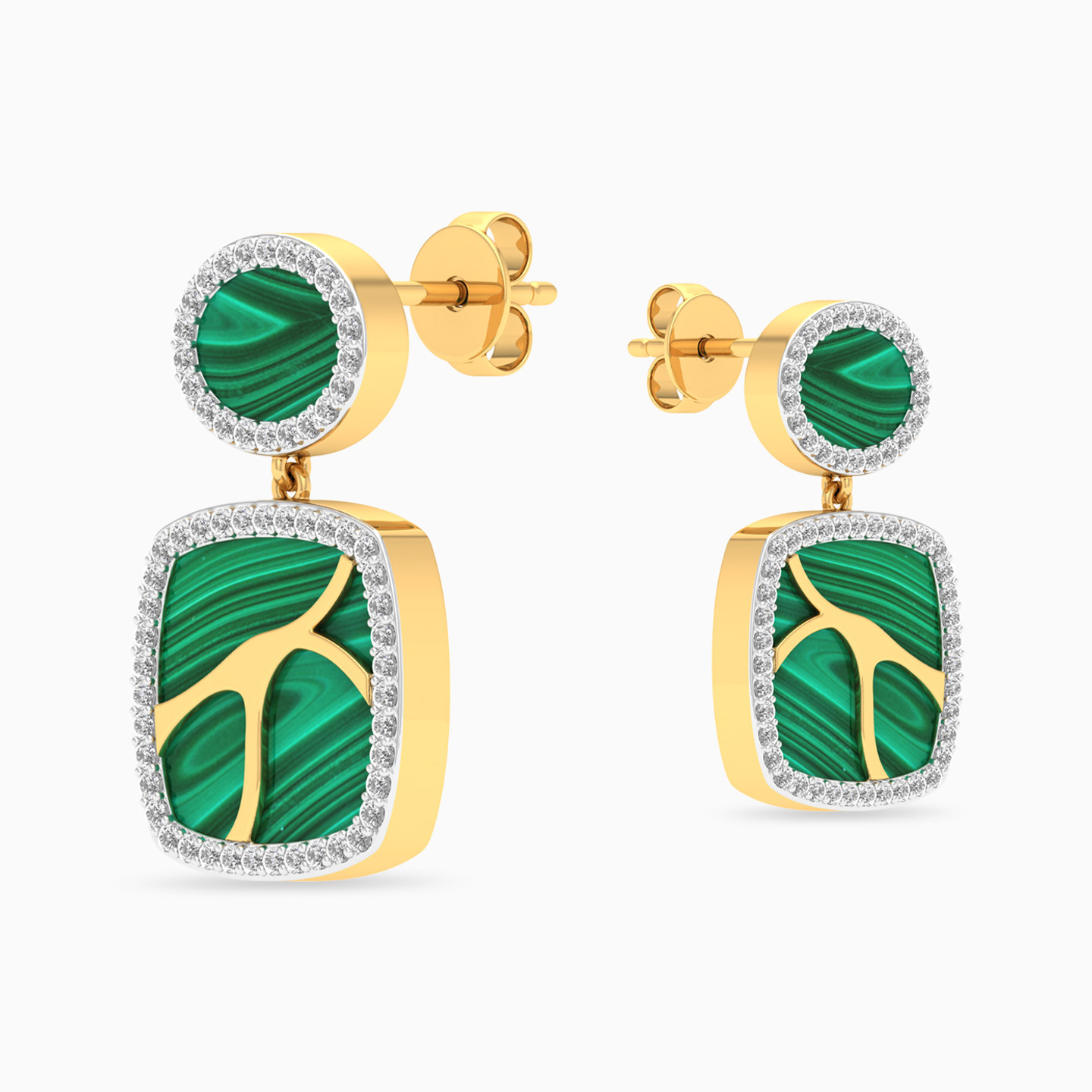Square Diamond & Green Stones Drop Earrings in 18K Gold - 3 Square Diamond & Green Stones Drop Earrings in 18K Gold - 3