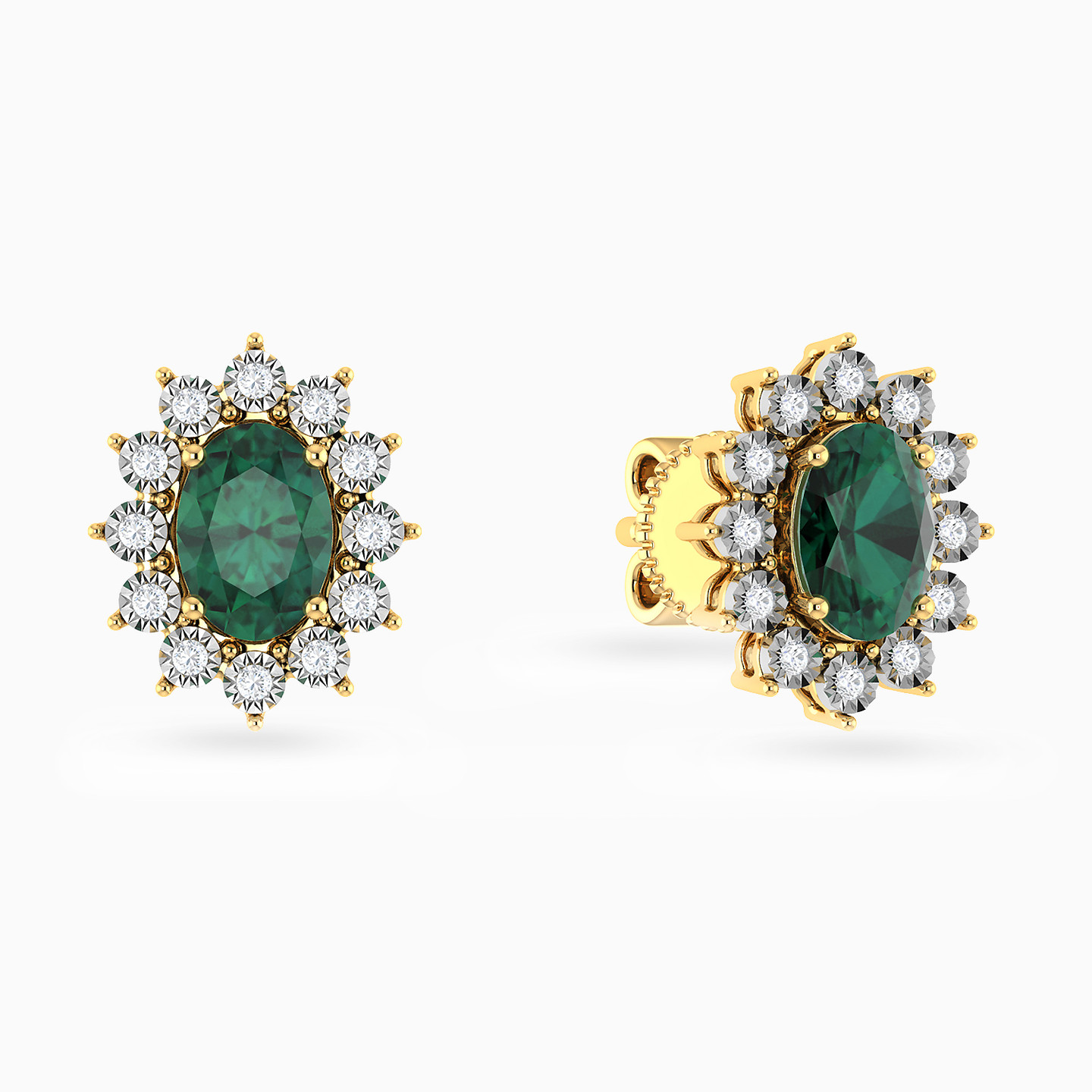 Flower Diamond & Green Stones Stud Earrings in 18K Gold