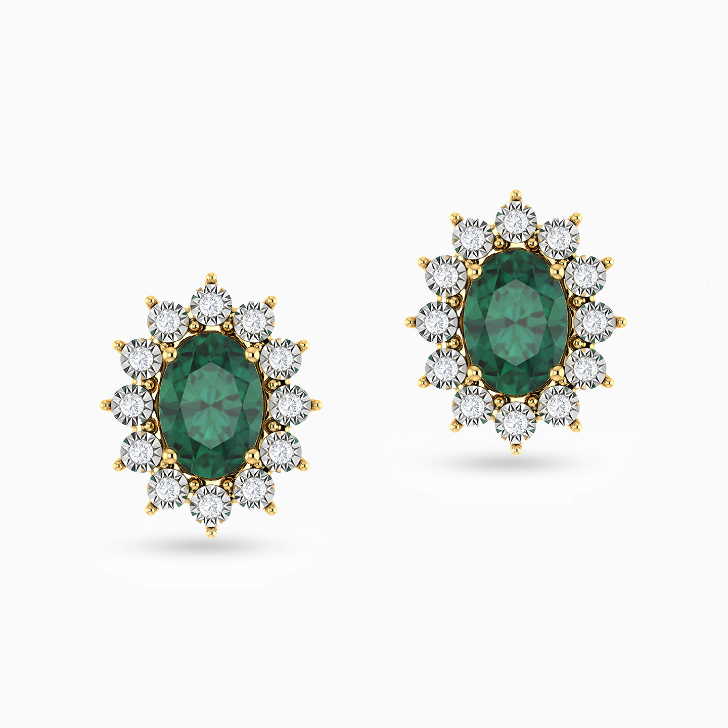 Flower Diamond & Green Stones Stud Earrings in 18K Gold - 3