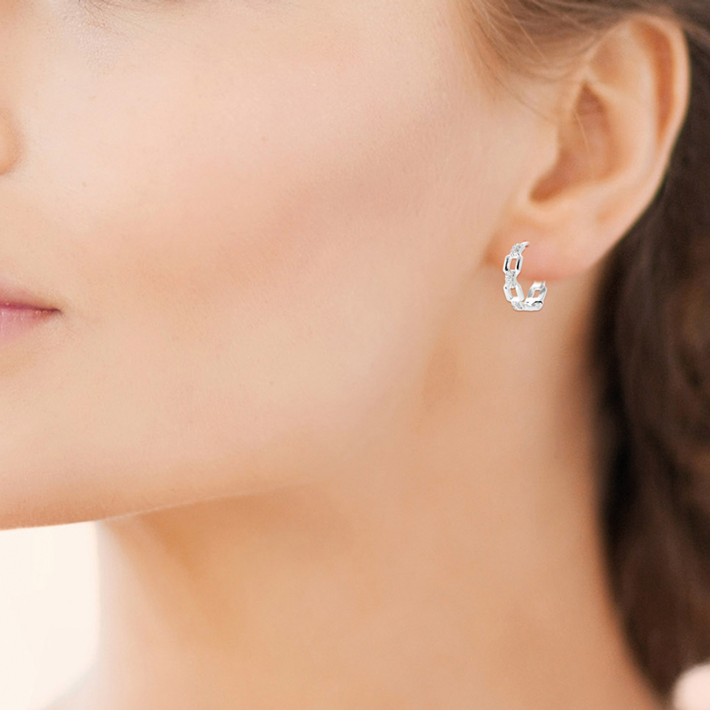 Link Clear Stone Sterling Silver Hoop Earrings - 2 Link Clear Stone Sterling Silver Hoop Earrings - 2