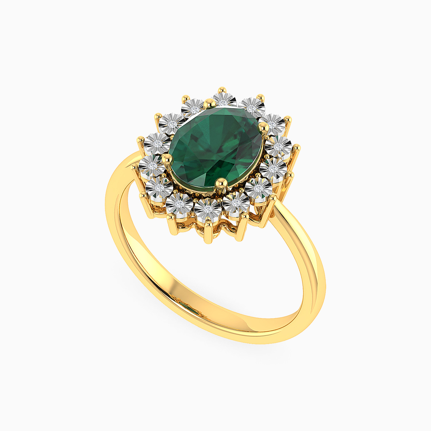 Oval Diamond & Green Stones Ring in 18K Gold - 3 Oval Diamond & Green Stones Ring in 18K Gold - 3