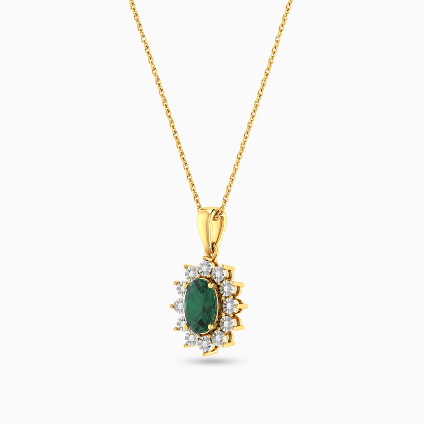 Oval Diamond & Green Stones Necklace in 18K Gold - 2 Oval Diamond & Green Stones Necklace in 18K Gold - 2