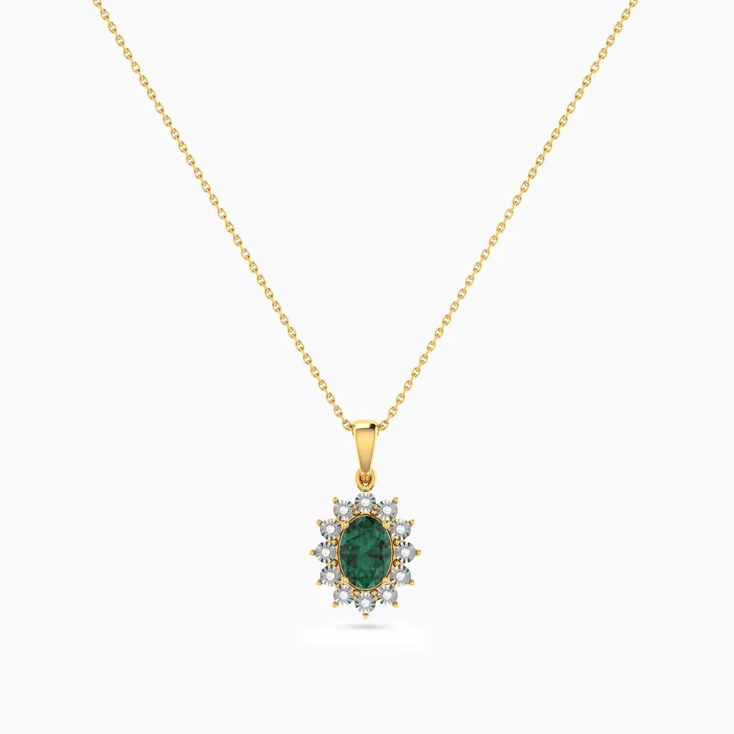 Oval Diamond & Green Stones Necklace in 18K Gold - 4 Oval Diamond & Green Stones Necklace in 18K Gold - 4